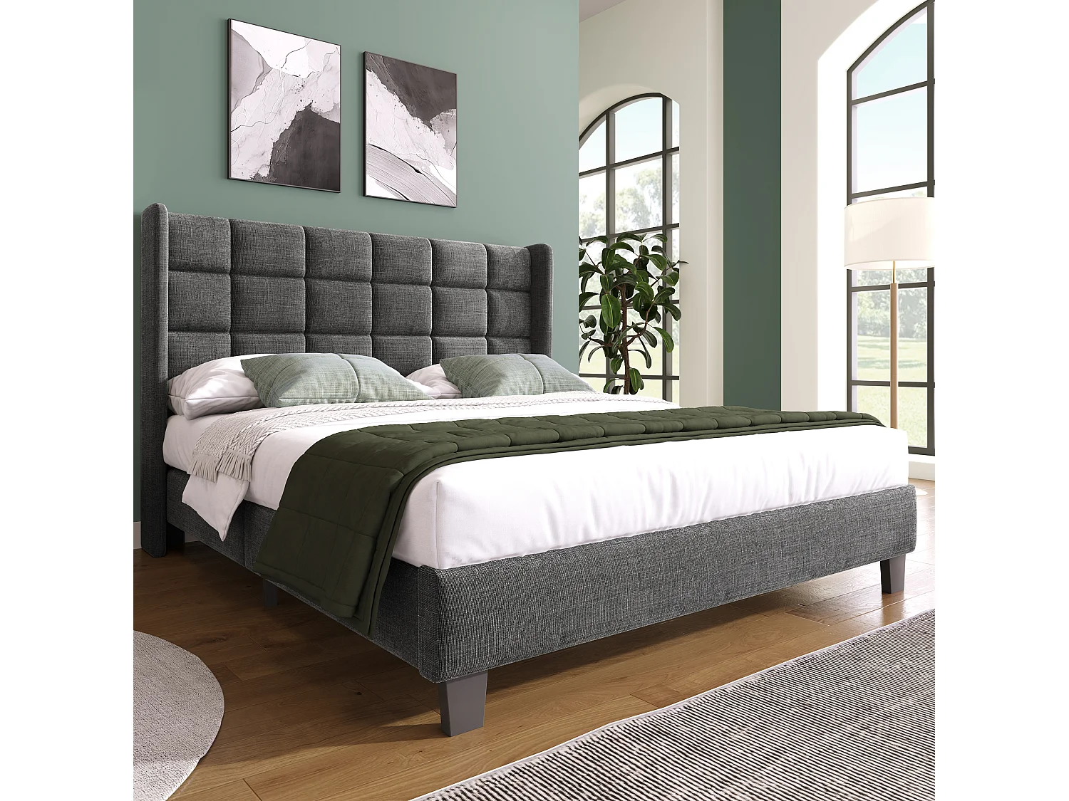 Lit double 140x200 cm avec tête de lit rembourrée en lin gris et sommier à lattes, sans matelas