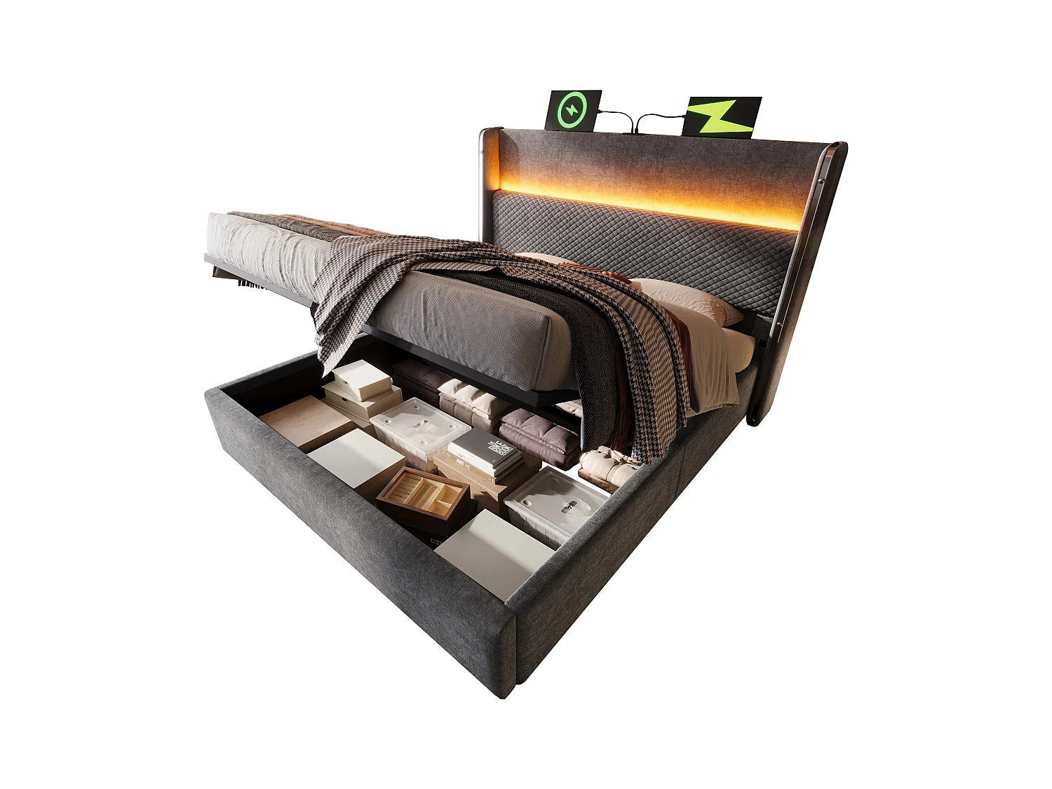 Lit coffre hydraulique avec tête de lit + Leds et ports USB/Type-C - 160 x 200 cm - lin - gris(avec matelas)