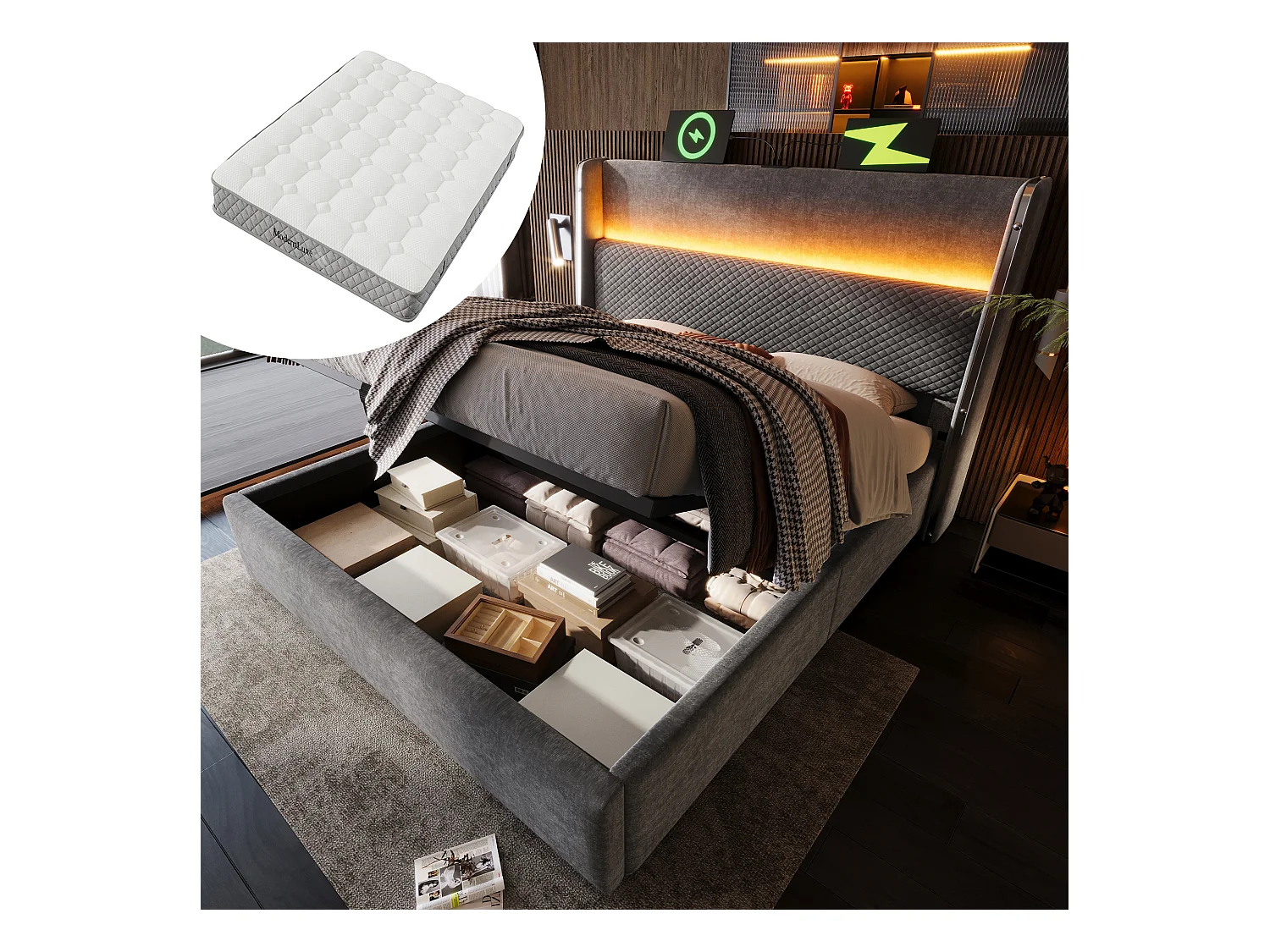 Cama de armazenamento hidráulica com cabeceira + LEDs e portas USB/Tipo C - 160 x 200 cm - linho - cinza (com colchão)