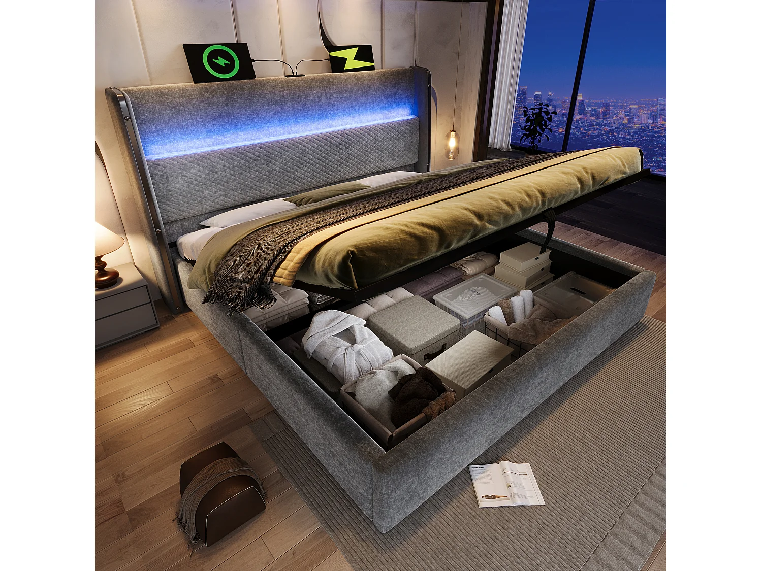 Cama de armazenamento hidráulica com cabeceira + LEDs e portas USB/Tipo C - 160 x 200 cm - linho - cinza (com colchão)