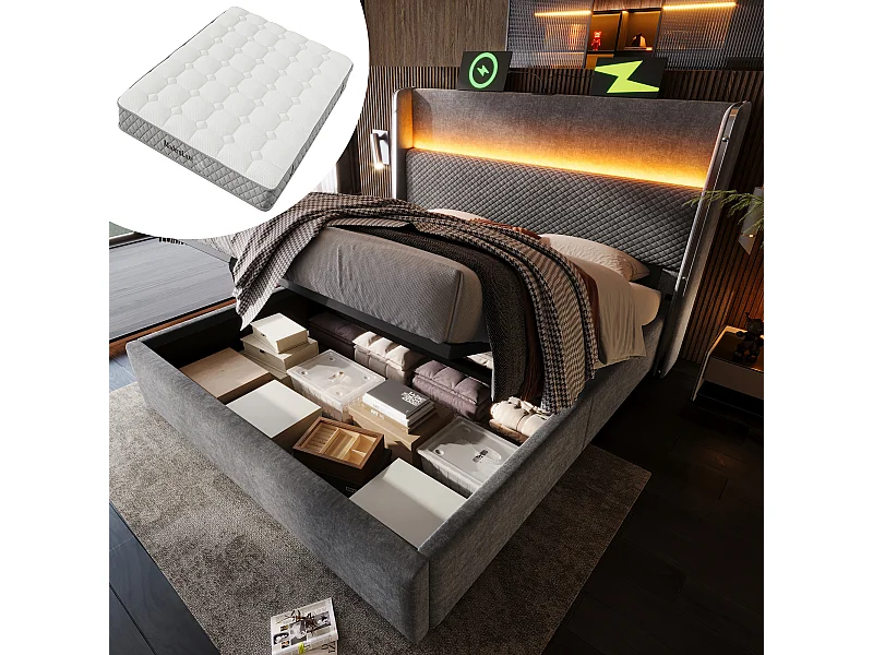 Łóżko hydrauliczne ze schowkiem i zagłówkiem + diody LED i porty USB/Type-C - 160 x 200 cm - len - szare (z materacem)