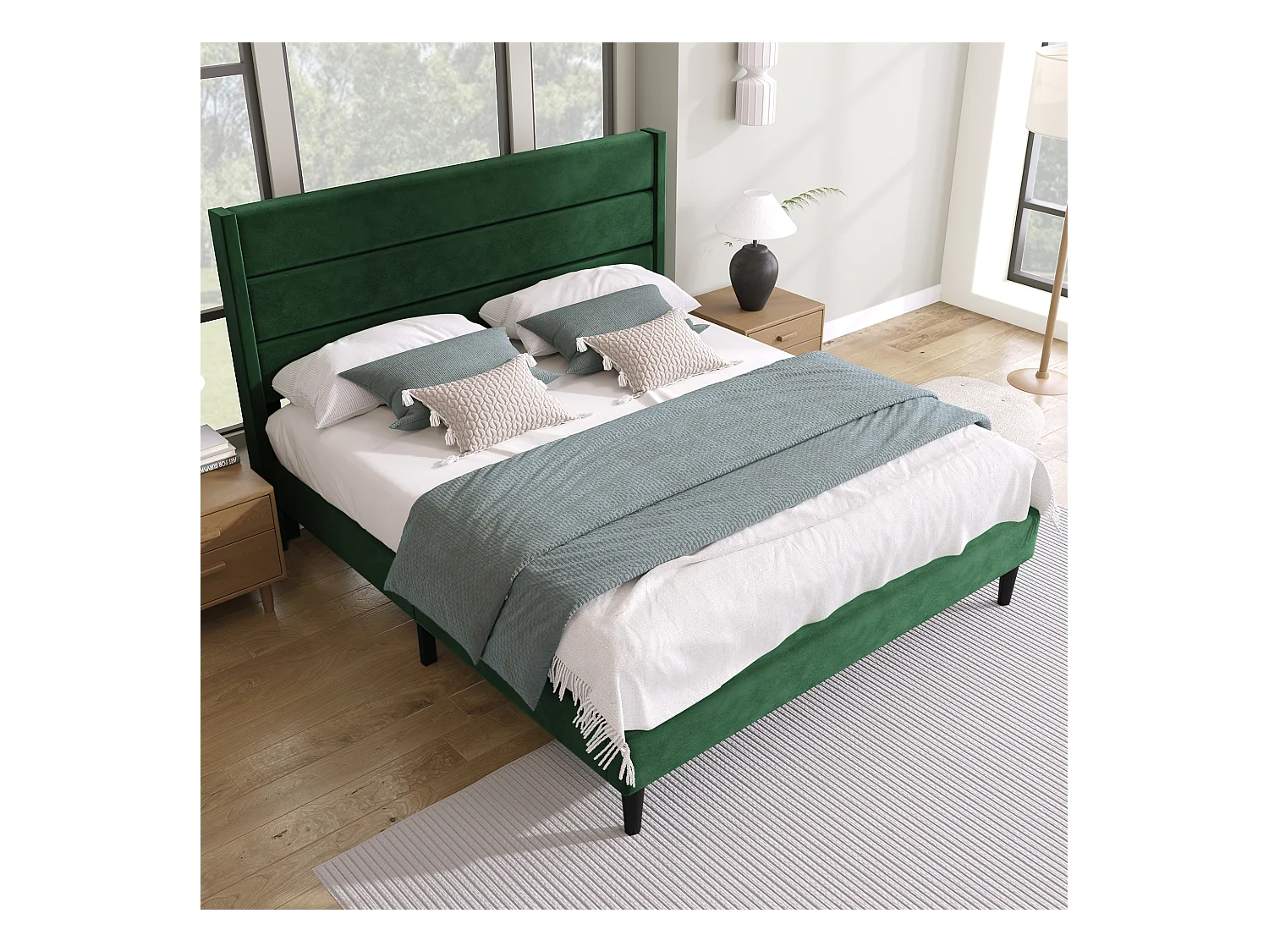Lit rembourré 140 x 200 cm, cadre de lit avec sommier à lattes & tête de lit, tissu en velours vert foncé, design moderne intemporel