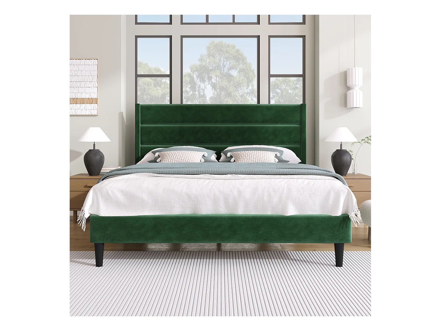 Lit rembourré 140 x 200 cm, cadre de lit avec sommier à lattes & tête de lit, tissu en velours vert foncé, design moderne intemporel