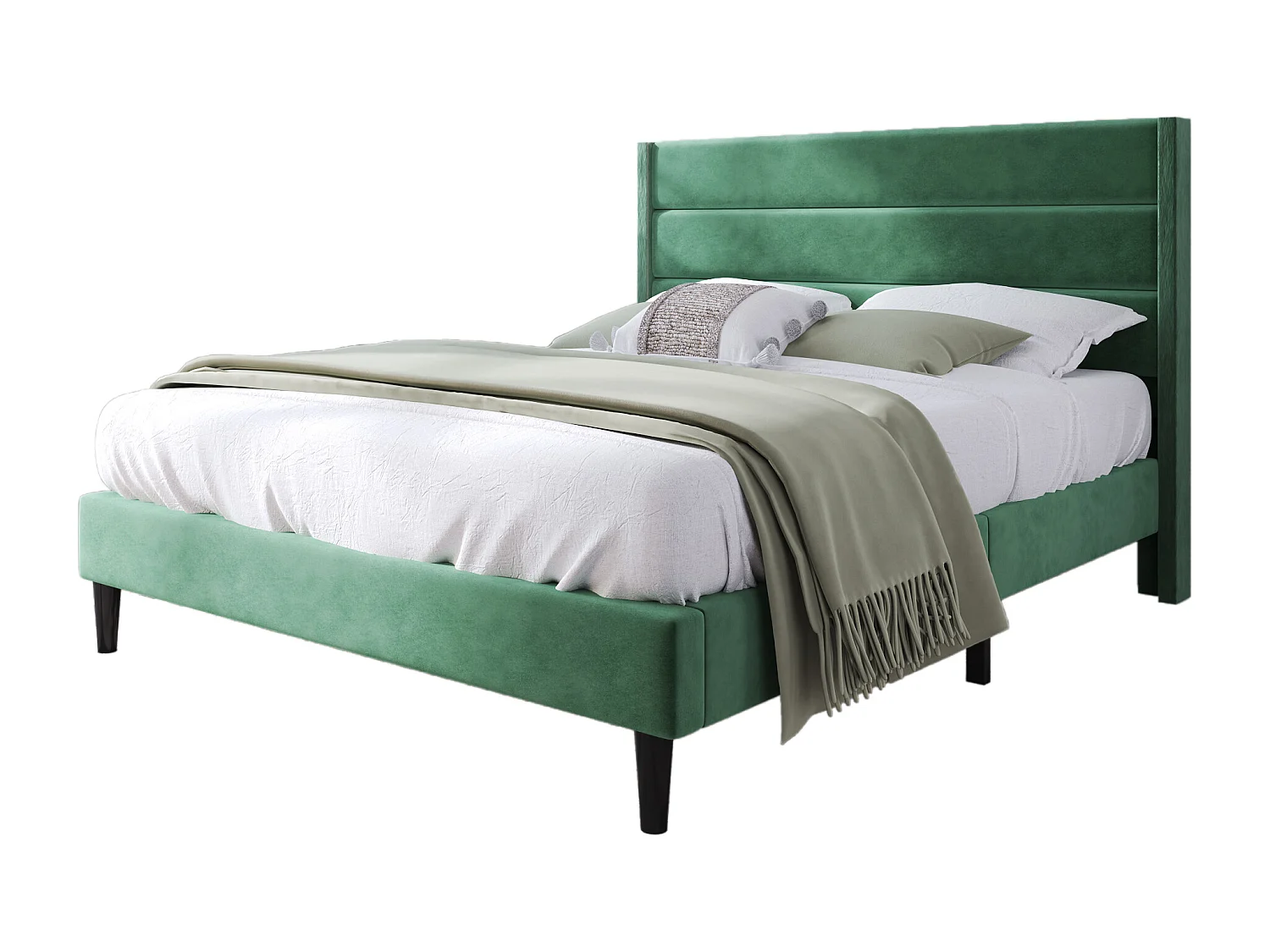 Lit rembourré 140 x 200 cm, cadre de lit avec sommier à lattes & tête de lit, tissu en velours vert foncé, design moderne intemporel