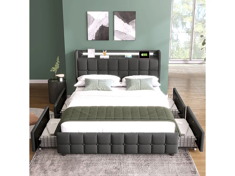 Lit avec fonction de chargement USB, éclairage LED et 4 tiroirs, 180x200 cm, gris, design moderne