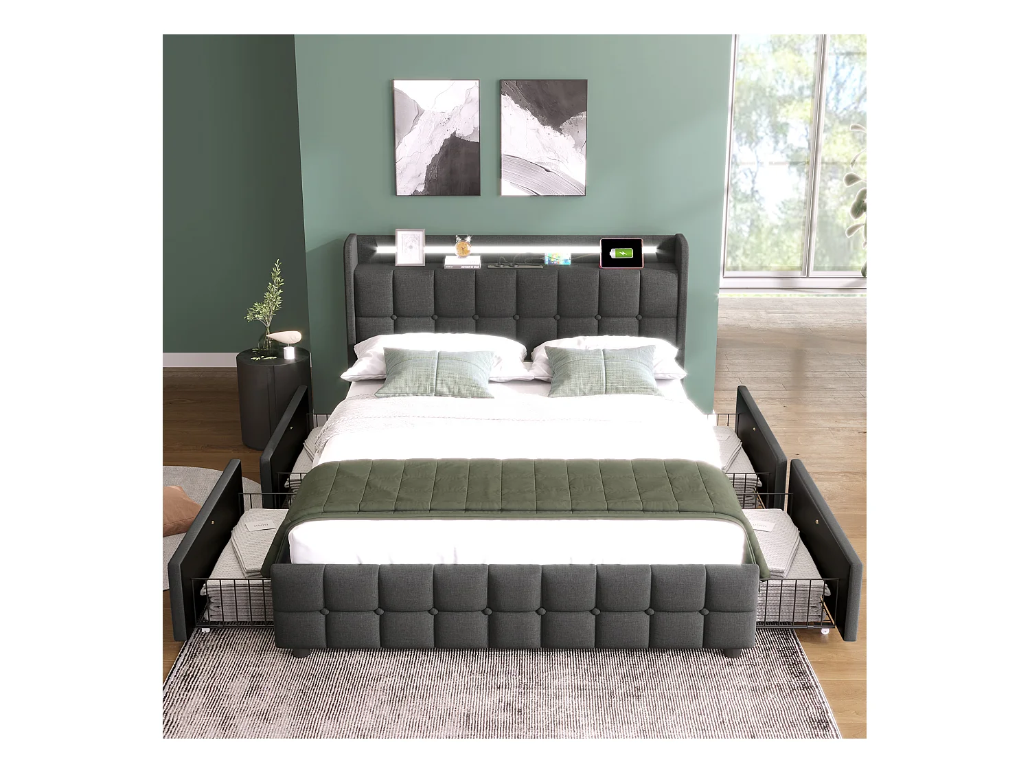 Lit avec fonction de chargement USB, éclairage LED et 4 tiroirs, 180x200 cm, gris, design moderne