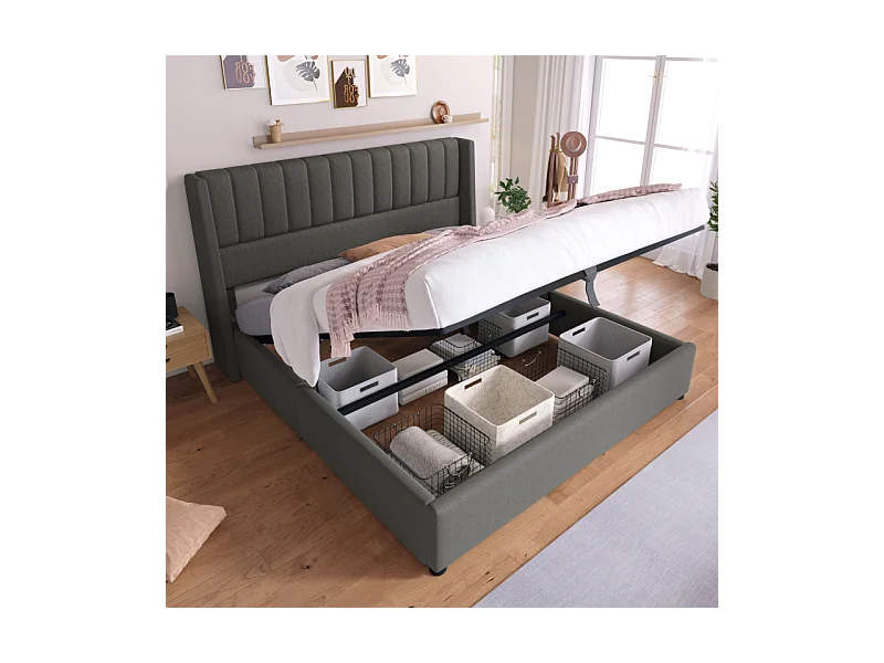 Lit coffre hydraulique 160x200 cm en lin gris avec tête de lit rembourrée et espace de rangement