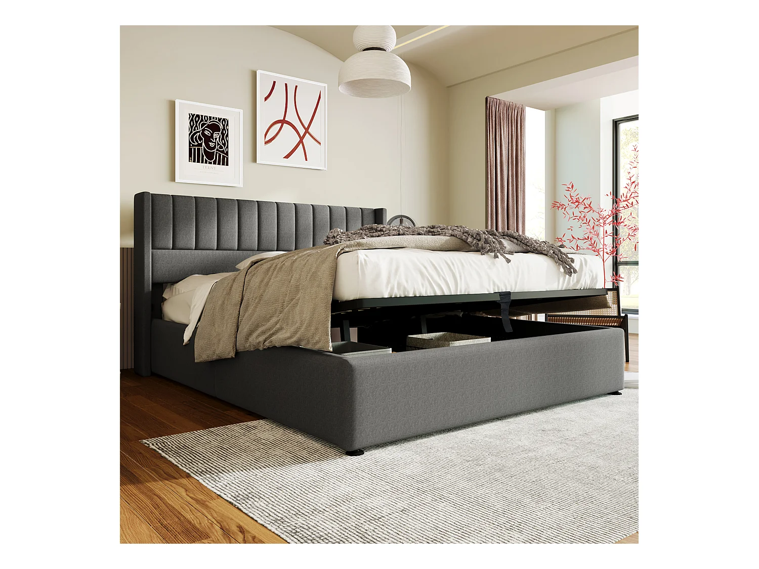 Lit coffre hydraulique 160x200 cm en lin gris avec tête de lit rembourrée et espace de rangement