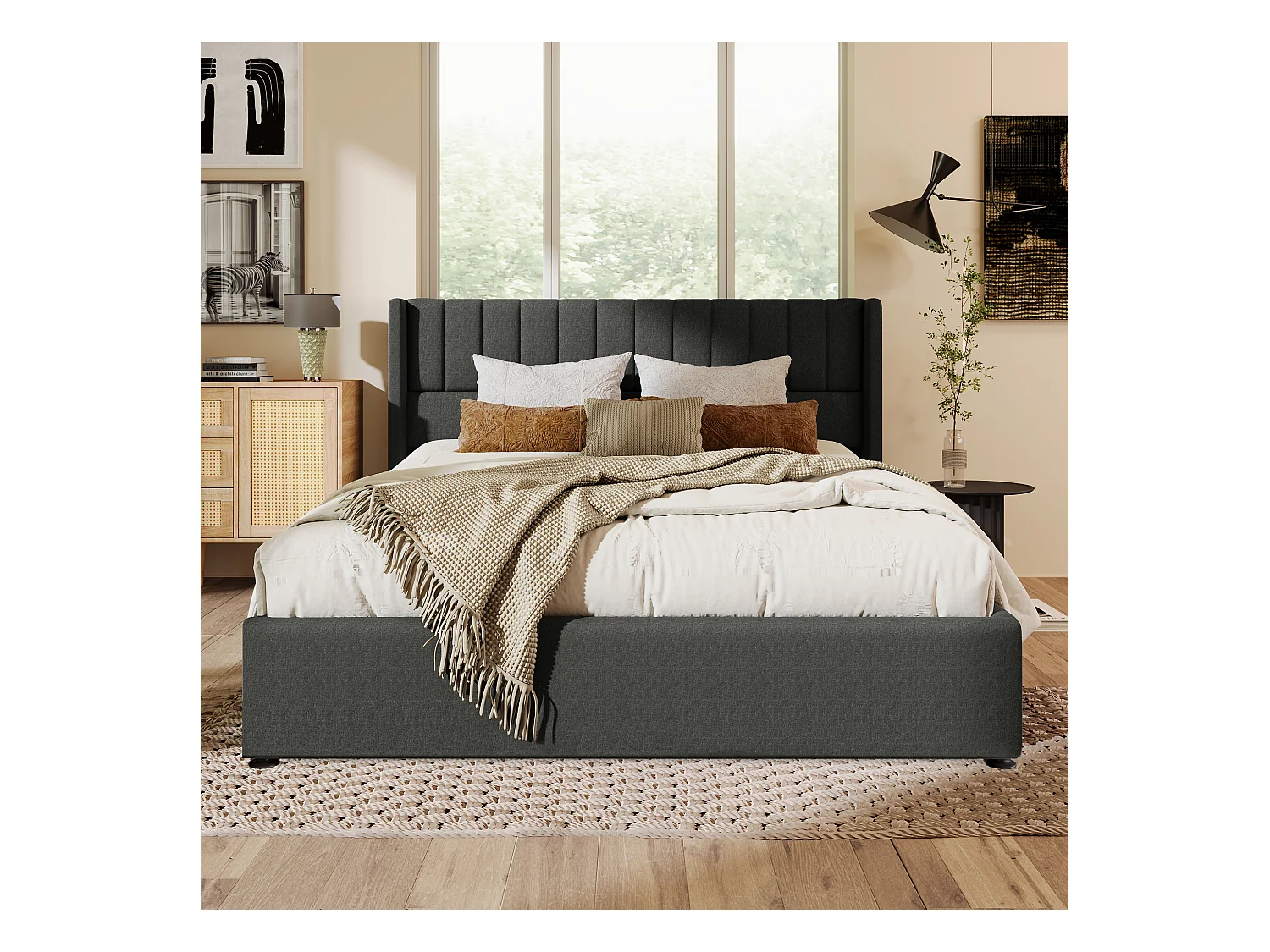 Lit coffre hydraulique 160x200 cm en lin gris avec tête de lit rembourrée et espace de rangement