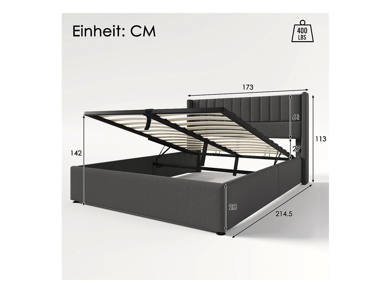 Lit coffre hydraulique 160x200 cm en lin gris avec tête de lit rembourrée et espace de rangement
