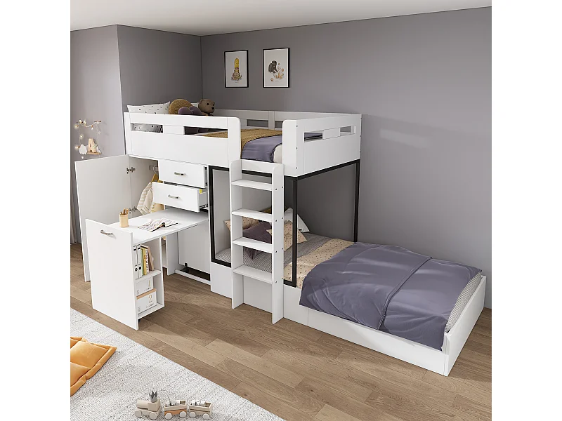 Lits superposés 2 x 90 x 200 cm avec armoire + bureau et 2 tiroirs - MDF - sommier à lattes - blanc