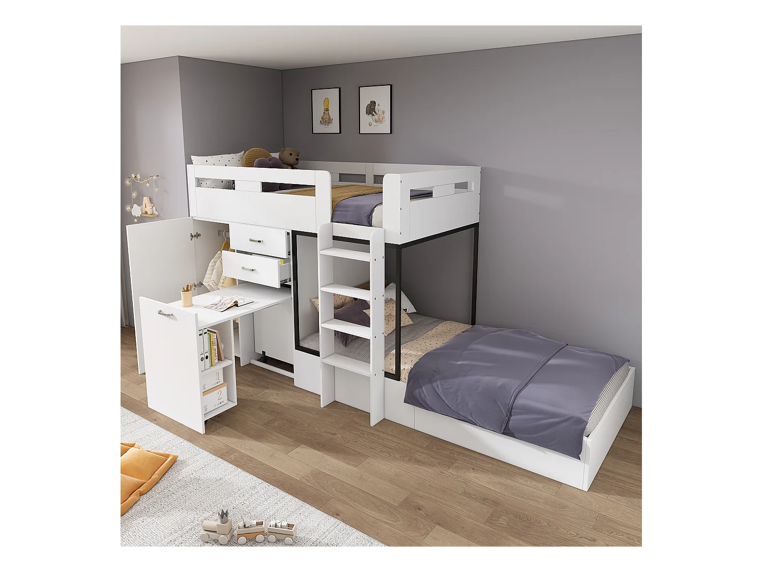 Lits superposés 2 x 90 x 200 cm avec armoire + bureau et 2 tiroirs - MDF - sommier à lattes - blanc
