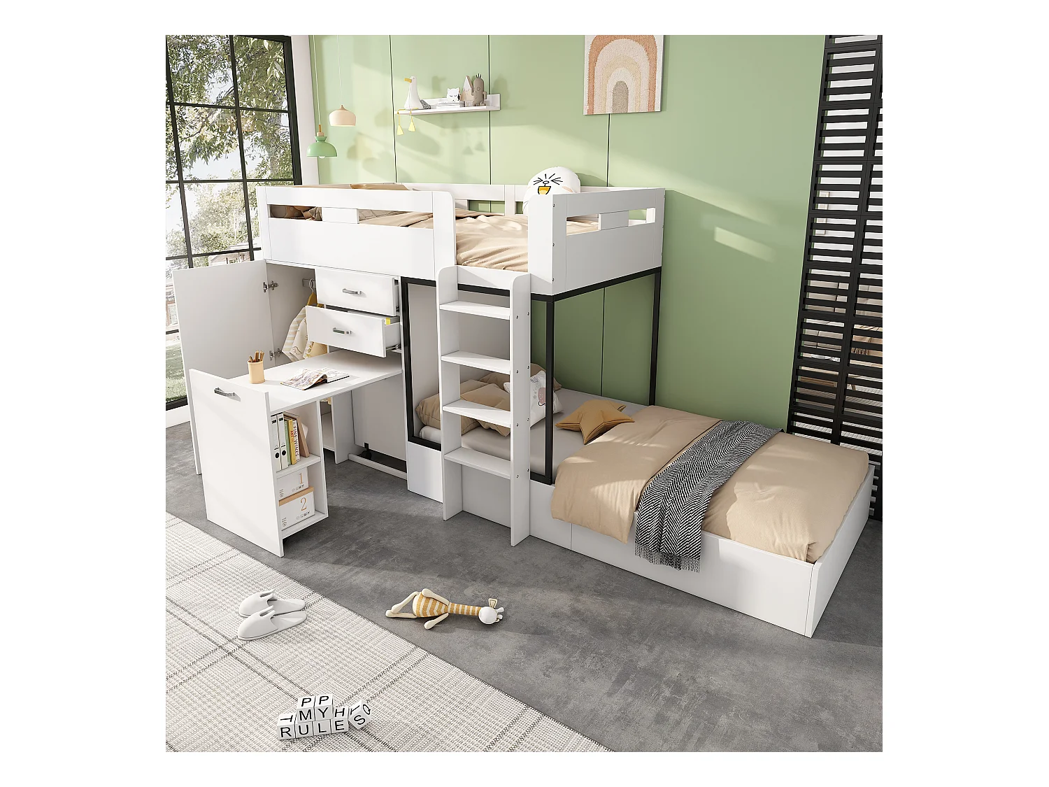 Lits superposés 2 x 90 x 200 cm avec armoire + bureau et 2 tiroirs - MDF - sommier à lattes - blanc