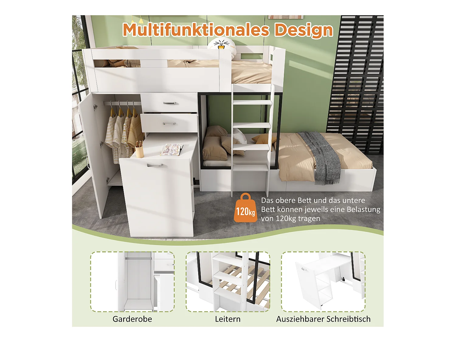 Lits superposés 2 x 90 x 200 cm avec armoire + bureau et 2 tiroirs - MDF - sommier à lattes - blanc