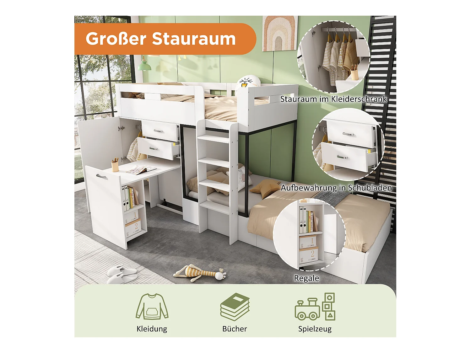 Lits superposés 2 x 90 x 200 cm avec armoire + bureau et 2 tiroirs - MDF - sommier à lattes - blanc