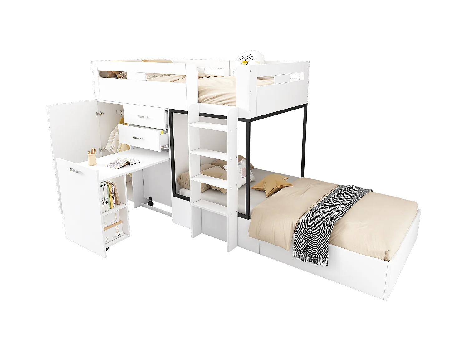 Lits superposés 2 x 90 x 200 cm avec armoire + bureau et 2 tiroirs - MDF - sommier à lattes - blanc