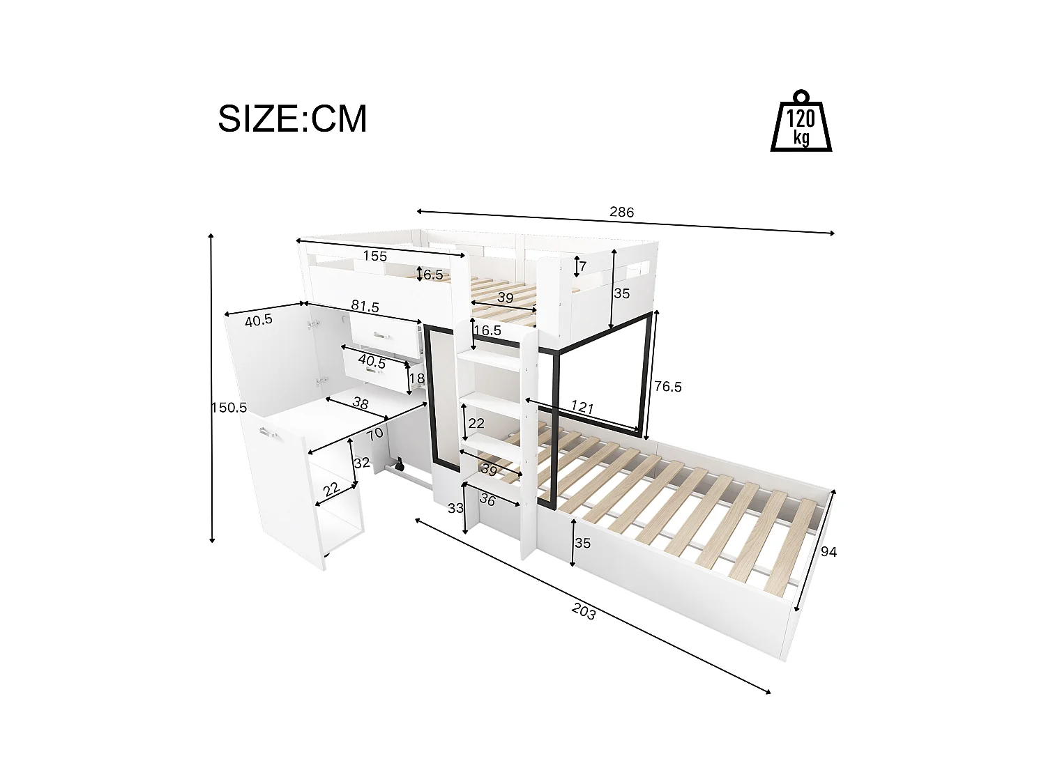 Lits superposés 2 x 90 x 200 cm avec armoire + bureau et 2 tiroirs - MDF - sommier à lattes - blanc