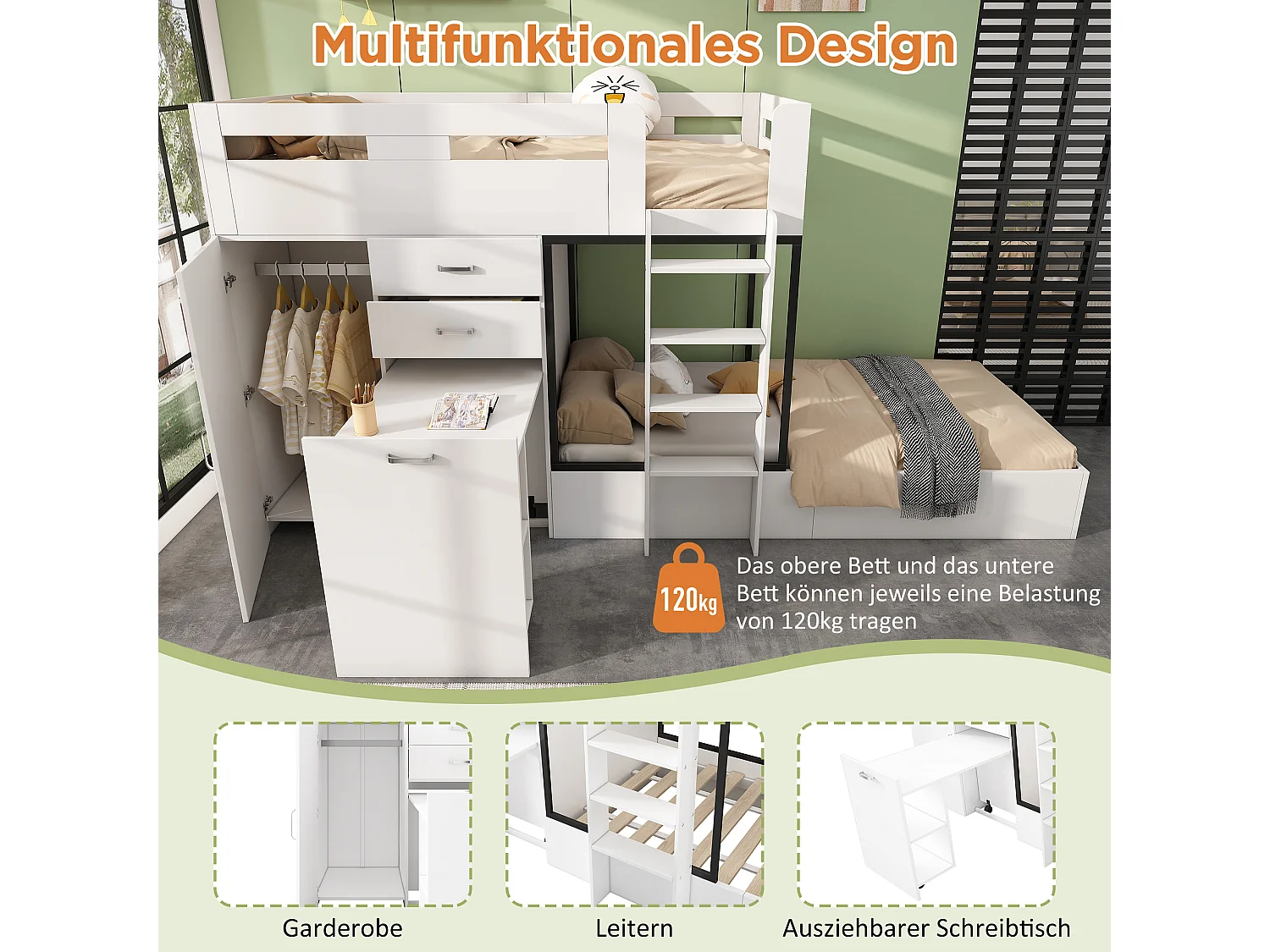 Lits superposés 2 x 90 x 200 cm avec armoire + bureau et 2 tiroirs - MDF - sommier à lattes - blanc