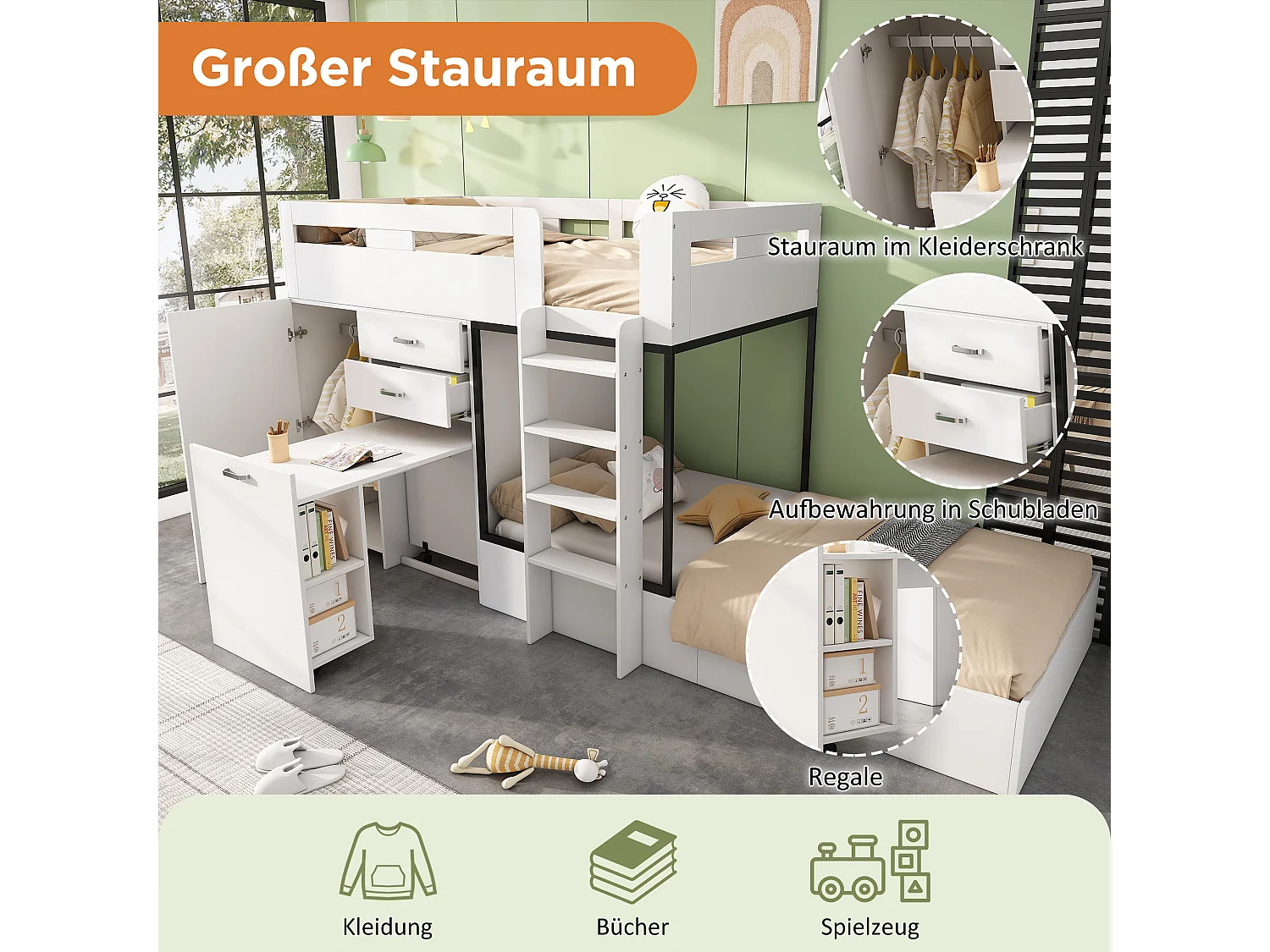 Lits superposés 2 x 90 x 200 cm avec armoire + bureau et 2 tiroirs - MDF - sommier à lattes - blanc