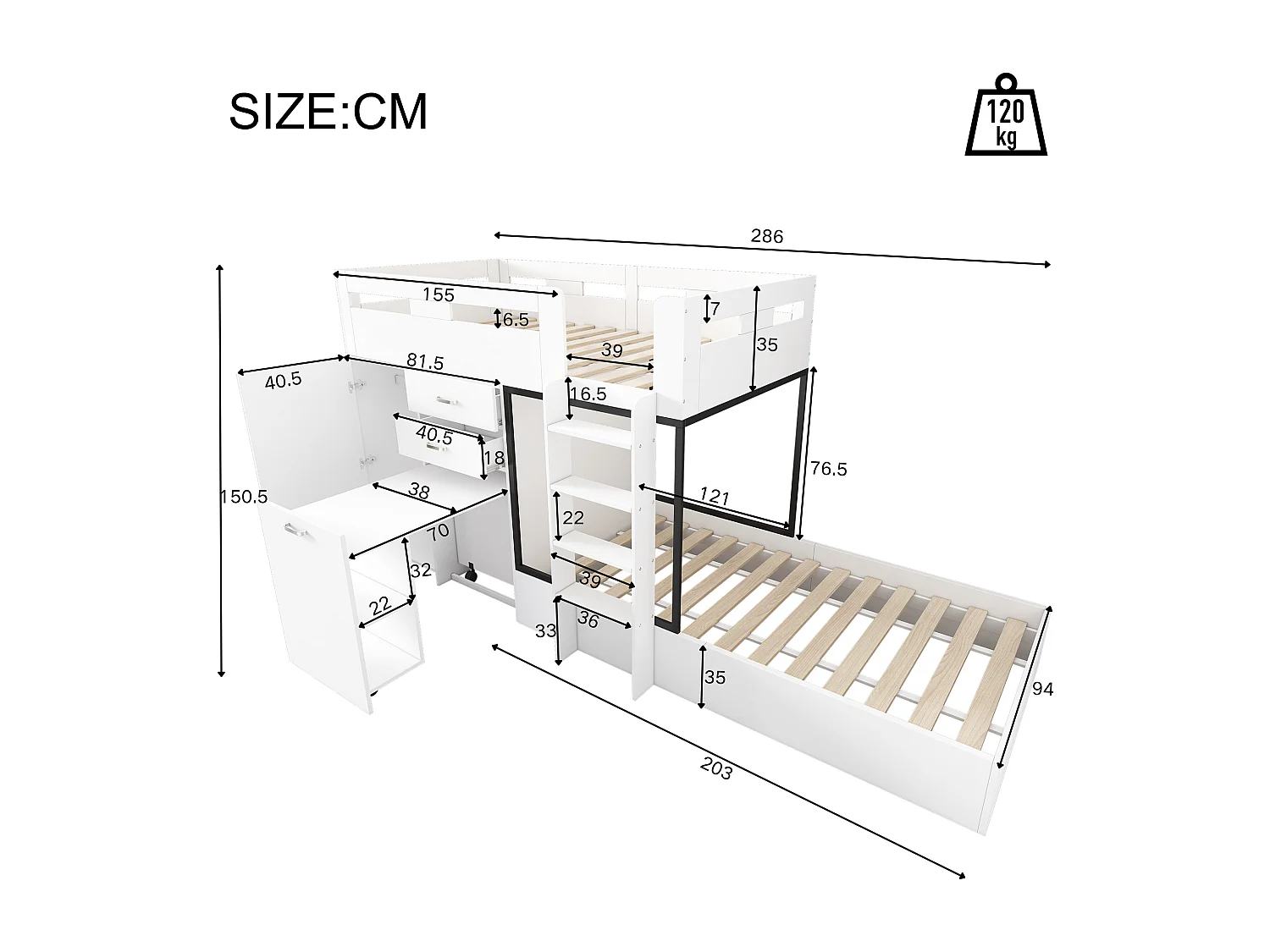 Lits superposés 2 x 90 x 200 cm avec armoire + bureau et 2 tiroirs - MDF - sommier à lattes - blanc