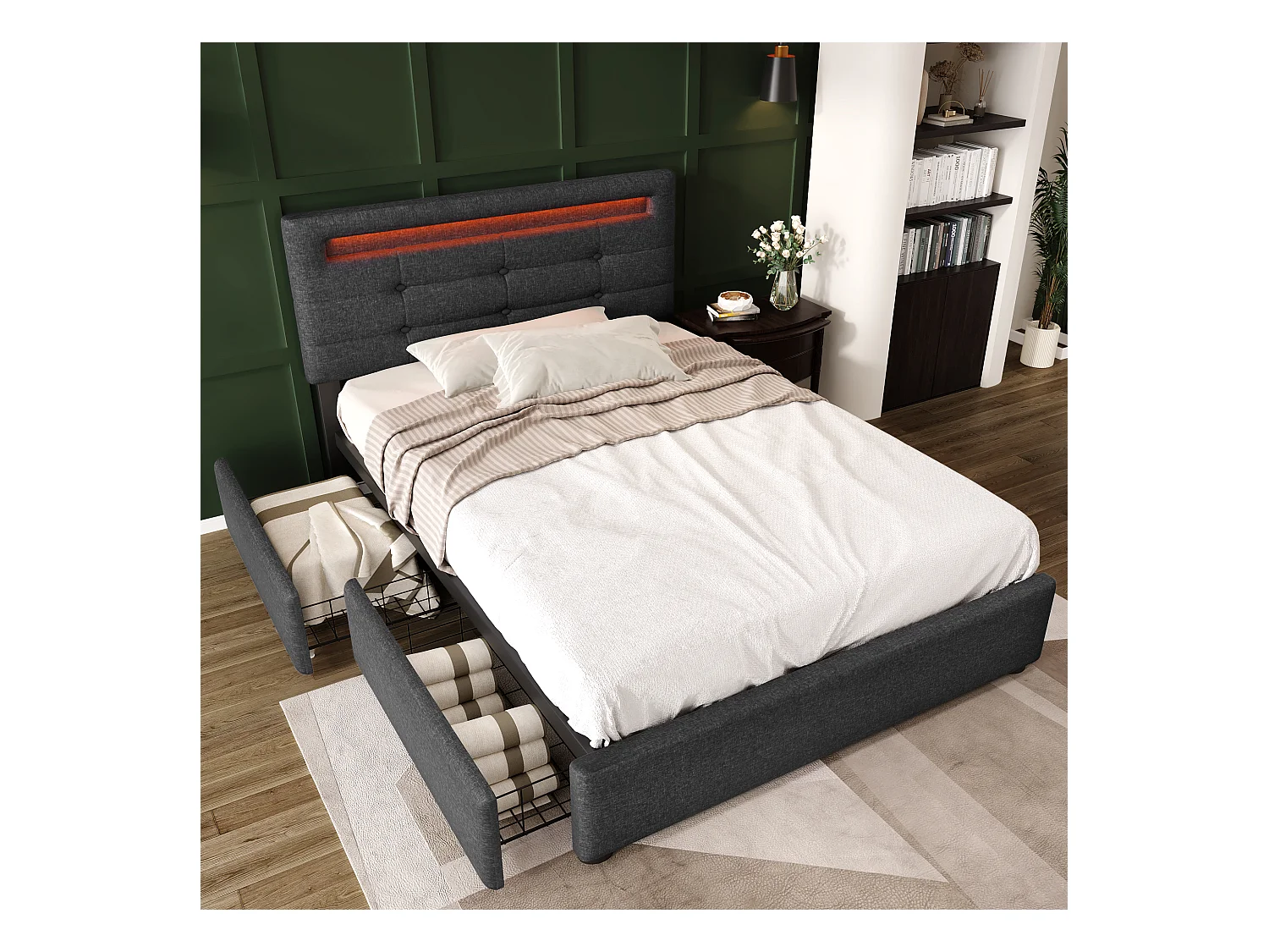 Lit simple 90x200 cm avec éclairage LED, 2 tiroirs, tête de lit réglable en gris