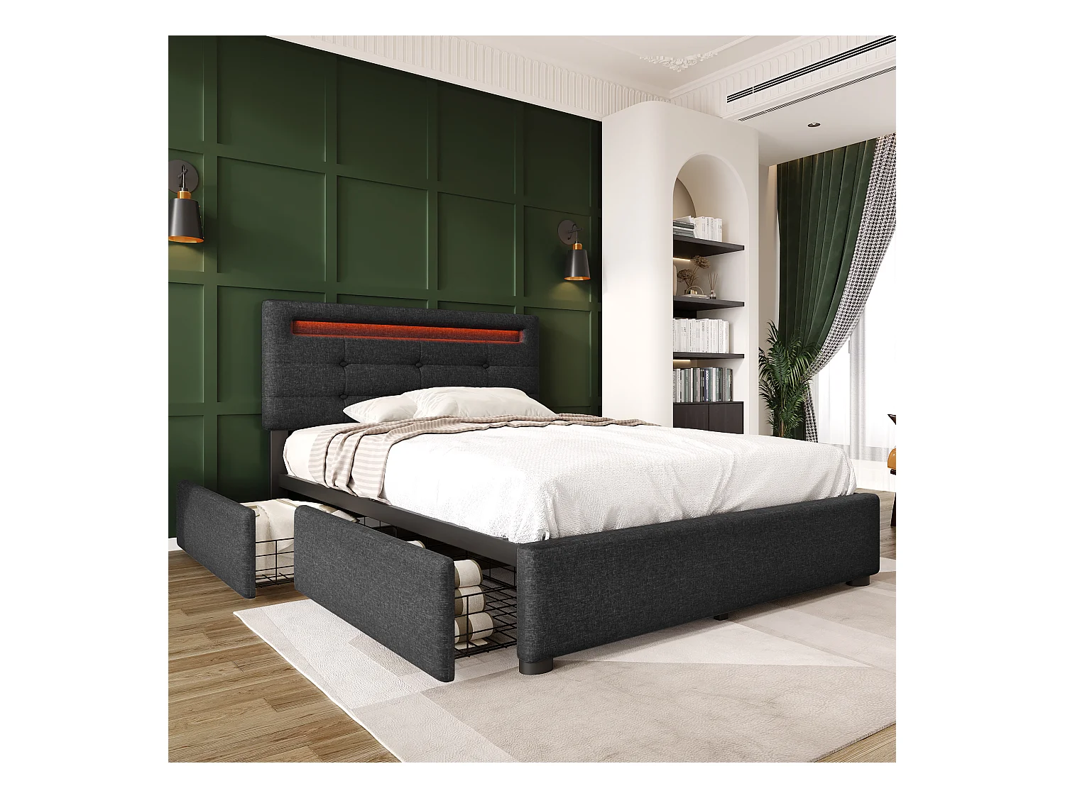 Lit simple 90x200 cm avec éclairage LED, 2 tiroirs, tête de lit réglable en gris