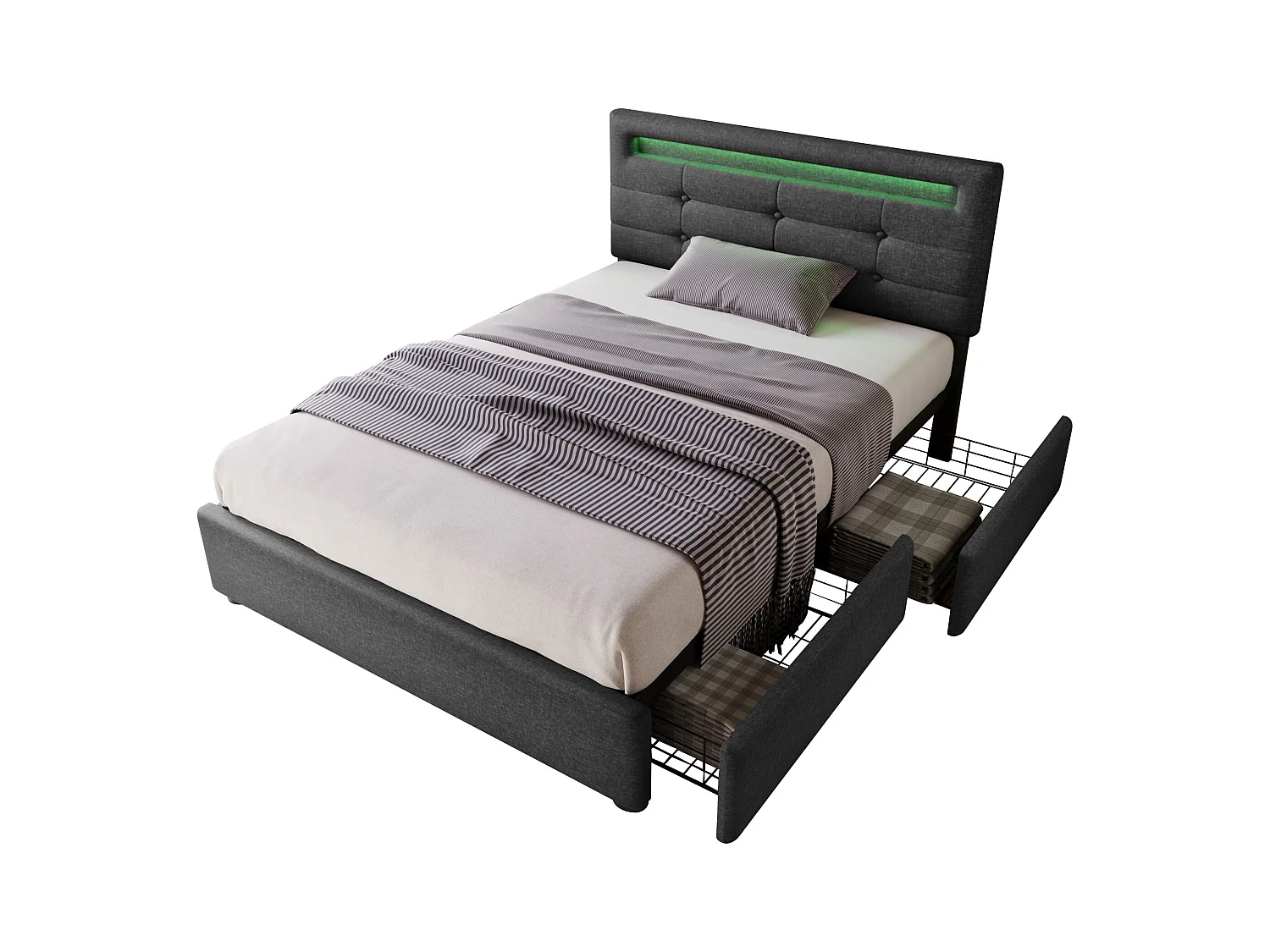 Lit simple 90x200 cm avec éclairage LED, 2 tiroirs, tête de lit réglable en gris