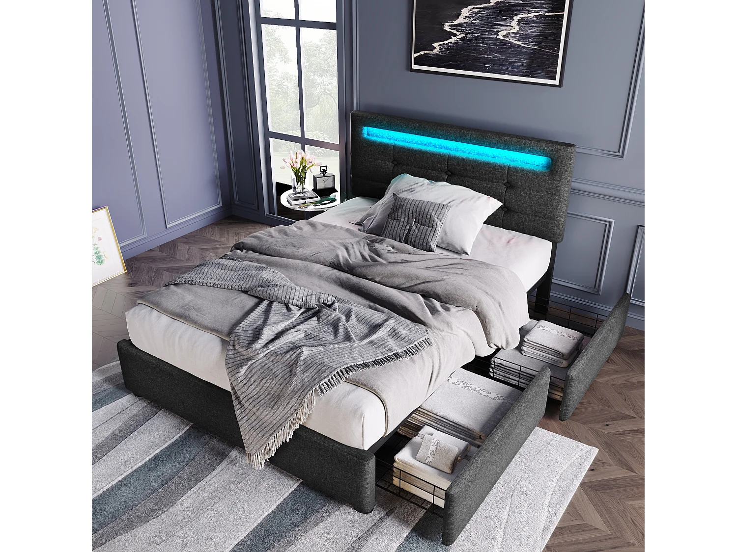 Lit simple 90x200 cm avec éclairage LED, 2 tiroirs, tête de lit réglable en gris