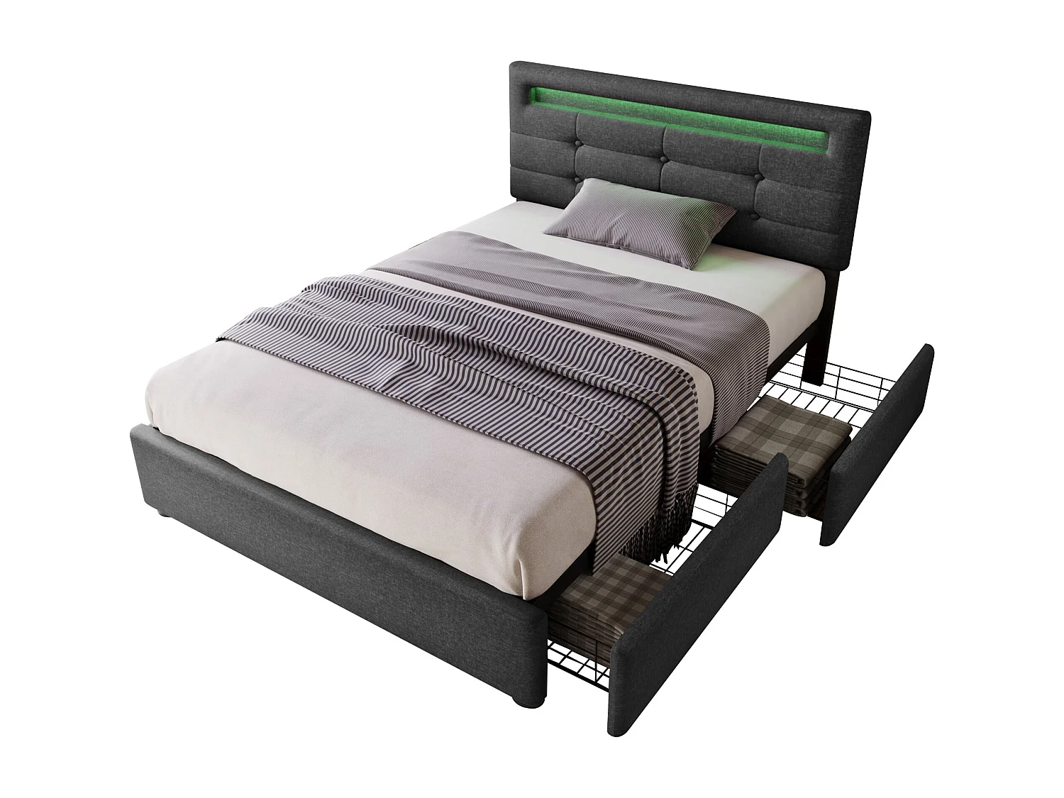 Lit simple 90x200 cm avec éclairage LED, 2 tiroirs, tête de lit réglable en gris