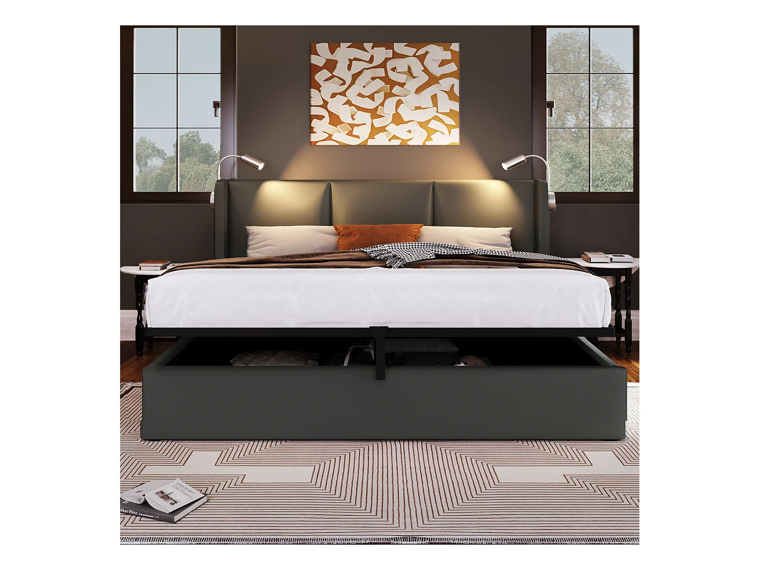 Lit double 140x200 cm en PU gris avec éclairage de lecture et fonction de charge USB