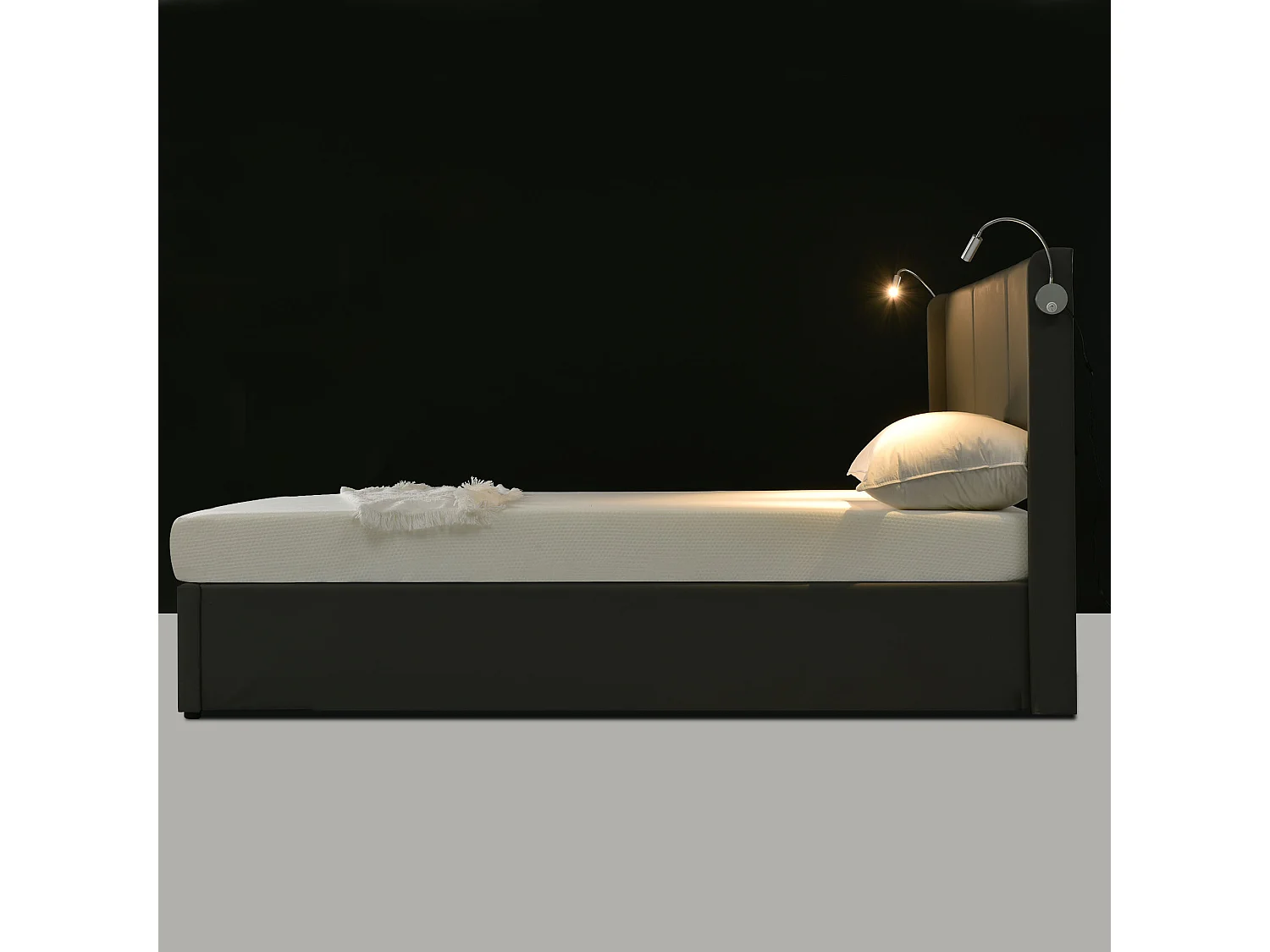 Lit double 140x200 cm en PU gris avec éclairage de lecture et fonction de charge USB