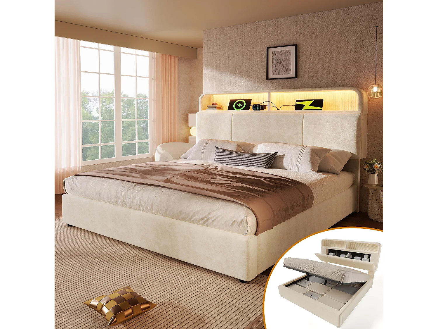 Hydraulisches Stauraumbett – 140 x 200 cm – verstellbares Kopfteil mit Stauraum – mit LEDs + USB/Typ-C – Samt – Beige (mit Matratze)