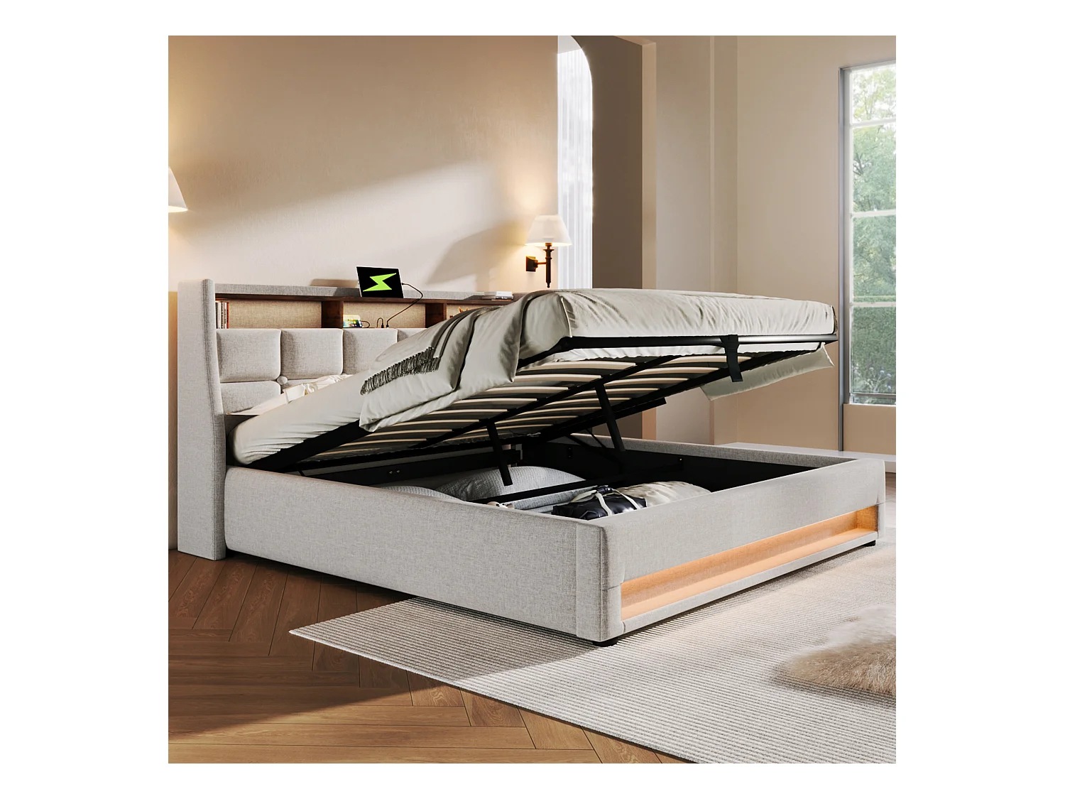 Lit rembourré 180x200 cm en lin beige avec éclairage LED et USB, tête de lit confortable