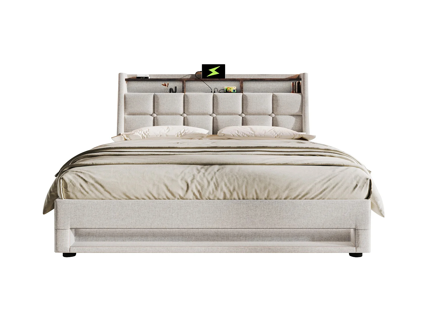Lit rembourré 180x200 cm en lin beige avec éclairage LED et USB, tête de lit confortable