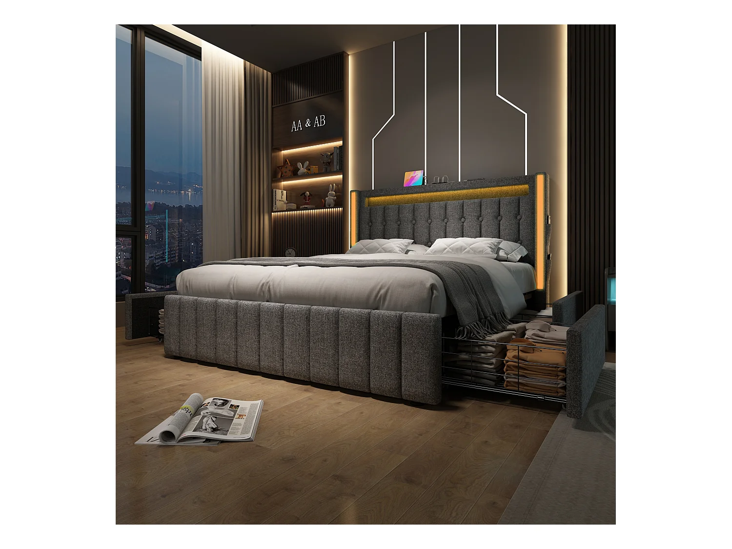 Lit avec fonction de chargement USB, éclairage LED et 4 tiroirs, 160x200 cm, gris, avec tête de lit en lin