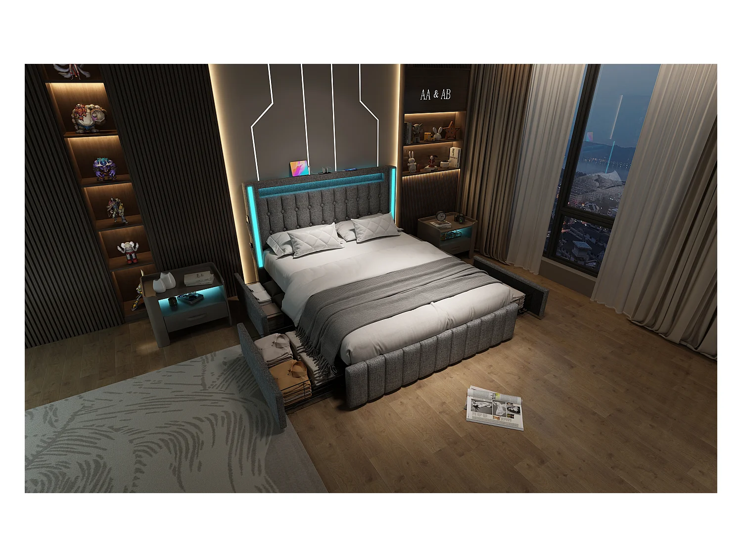 Lit avec fonction de chargement USB, éclairage LED et 4 tiroirs, 160x200 cm, gris, avec tête de lit en lin