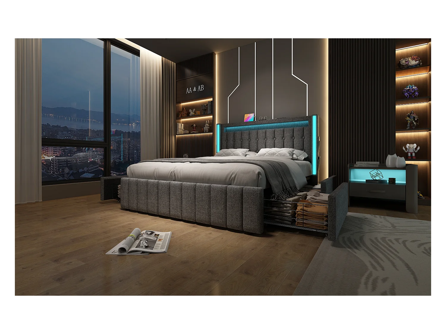 Lit avec fonction de chargement USB, éclairage LED et 4 tiroirs, 160x200 cm, gris, avec tête de lit en lin