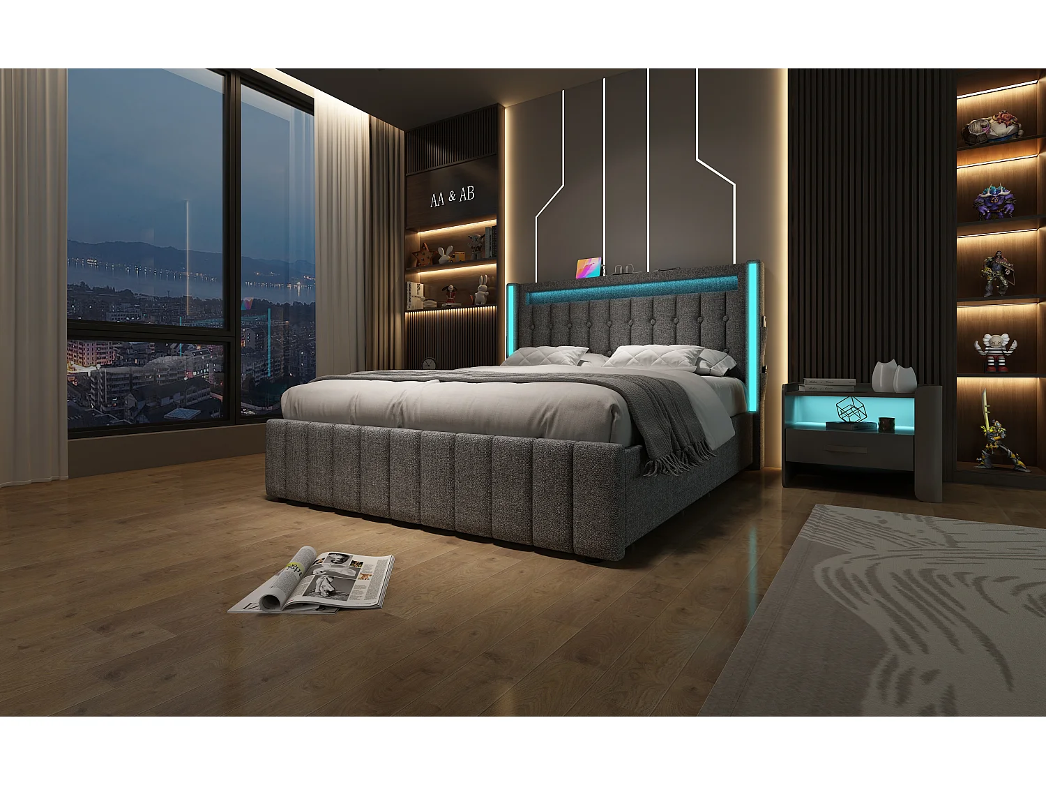 Lit avec fonction de chargement USB, éclairage LED et 4 tiroirs, 160x200 cm, gris, avec tête de lit en lin