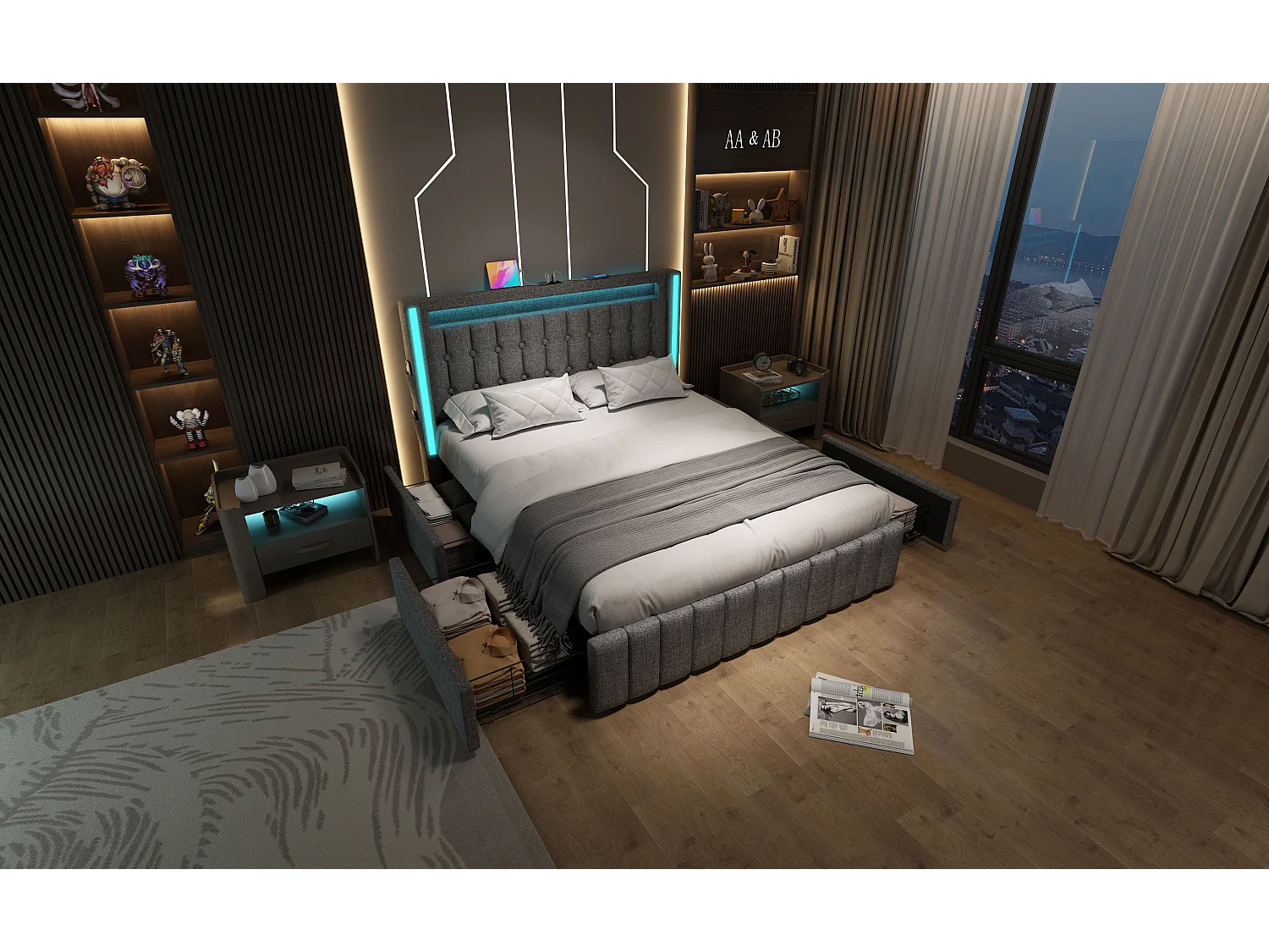 Lit avec fonction de chargement USB, éclairage LED et 4 tiroirs, 160x200 cm, gris, avec tête de lit en lin