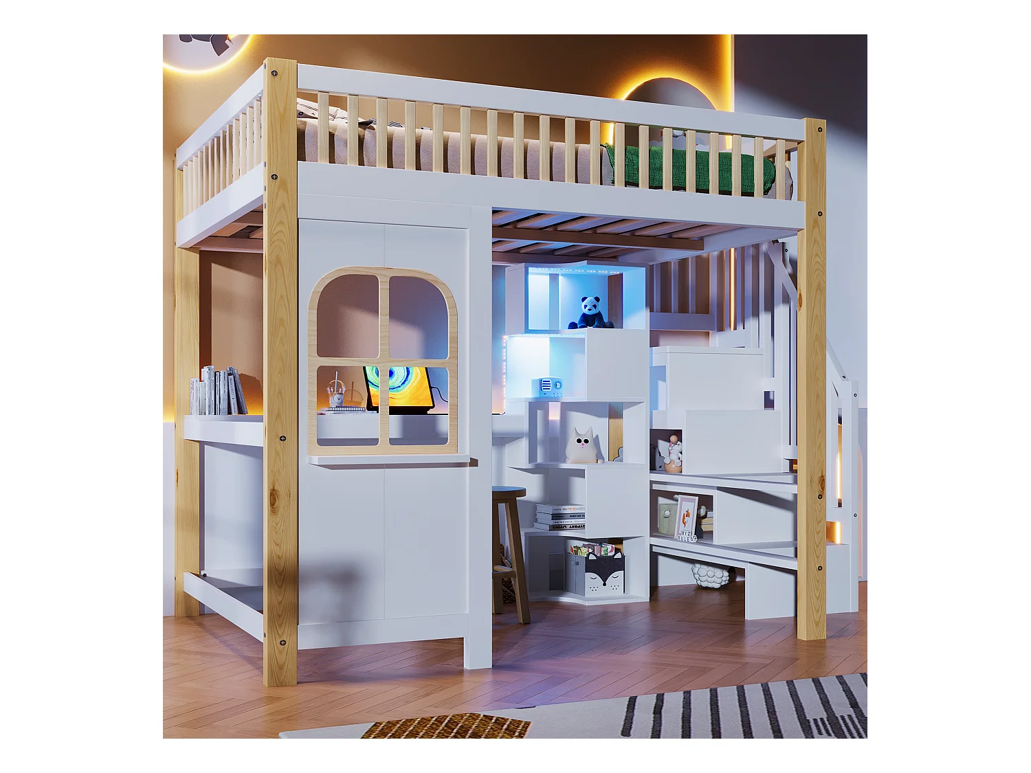 Lit mezzanine enfant - 140 x 200 cm - avec Leds + échelle de rangement + bureau + étagère - bois - blanc + naturel