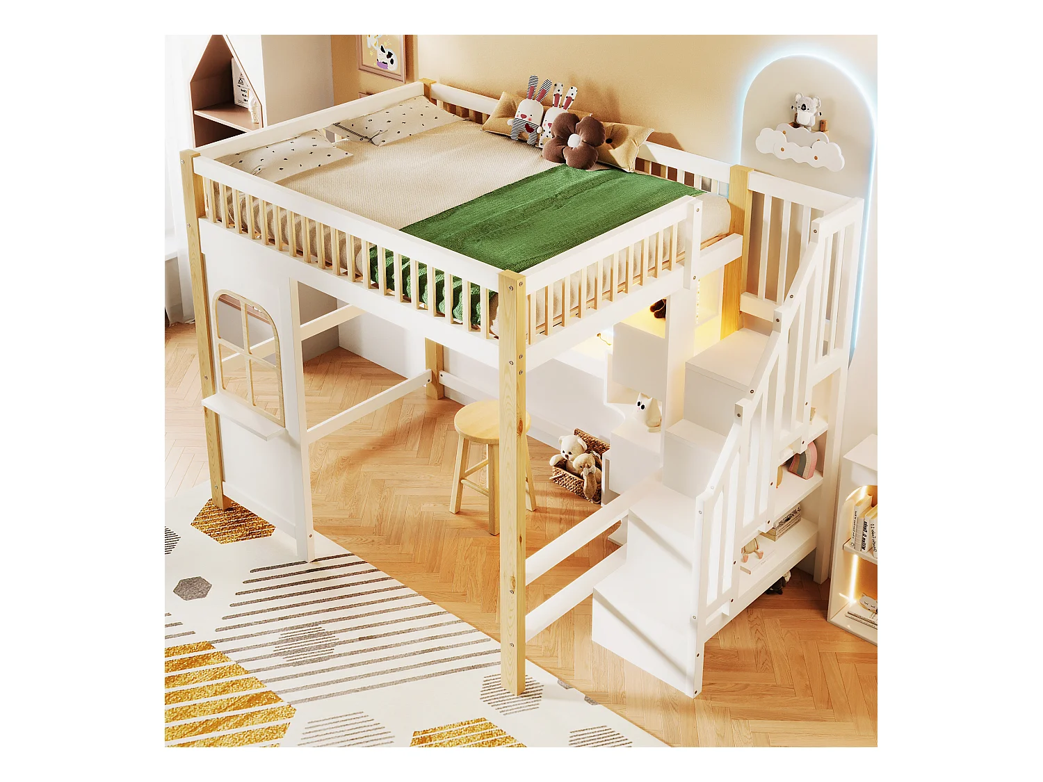 Lit mezzanine enfant - 140 x 200 cm - avec Leds + échelle de rangement + bureau + étagère - bois - blanc + naturel