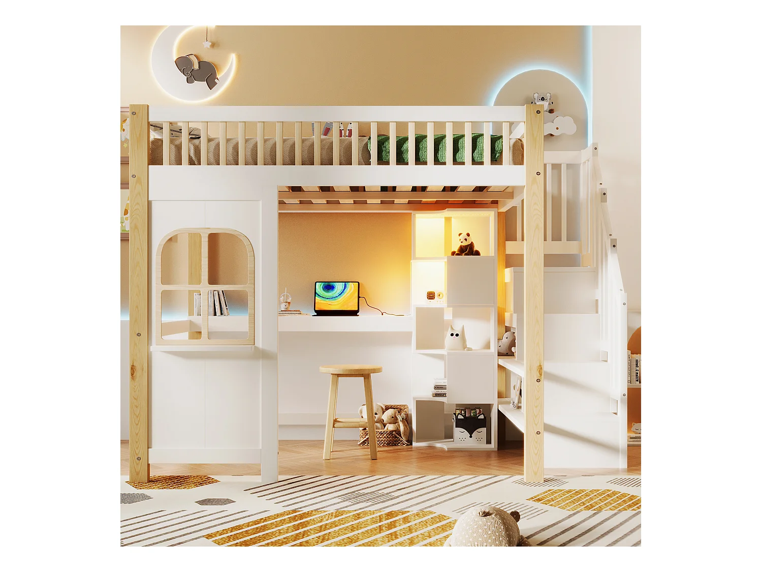 Lit mezzanine enfant - 140 x 200 cm - avec Leds + échelle de rangement + bureau + étagère - bois - blanc + naturel