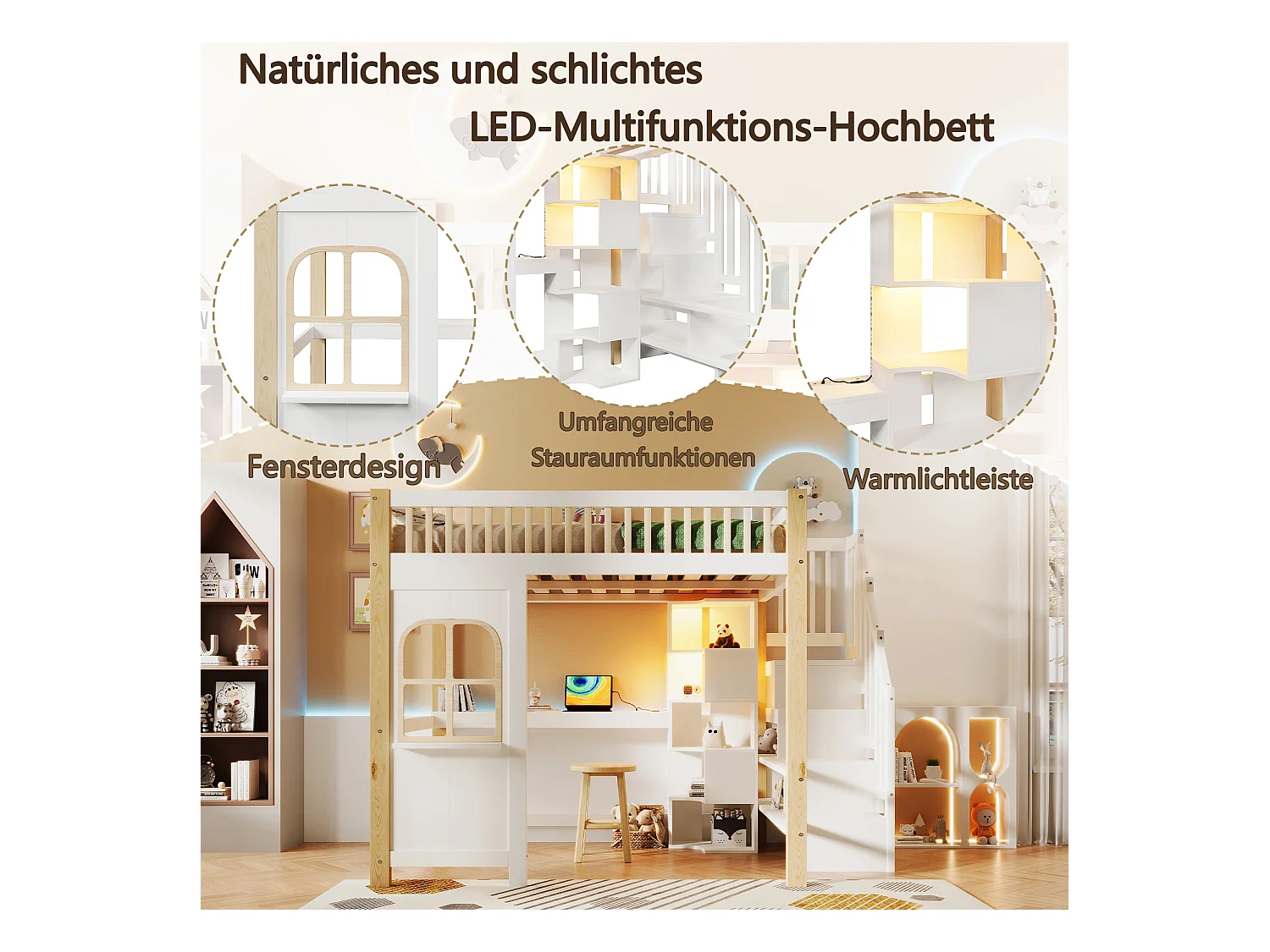 Lit mezzanine enfant - 140 x 200 cm - avec Leds + échelle de rangement + bureau + étagère - bois - blanc + naturel