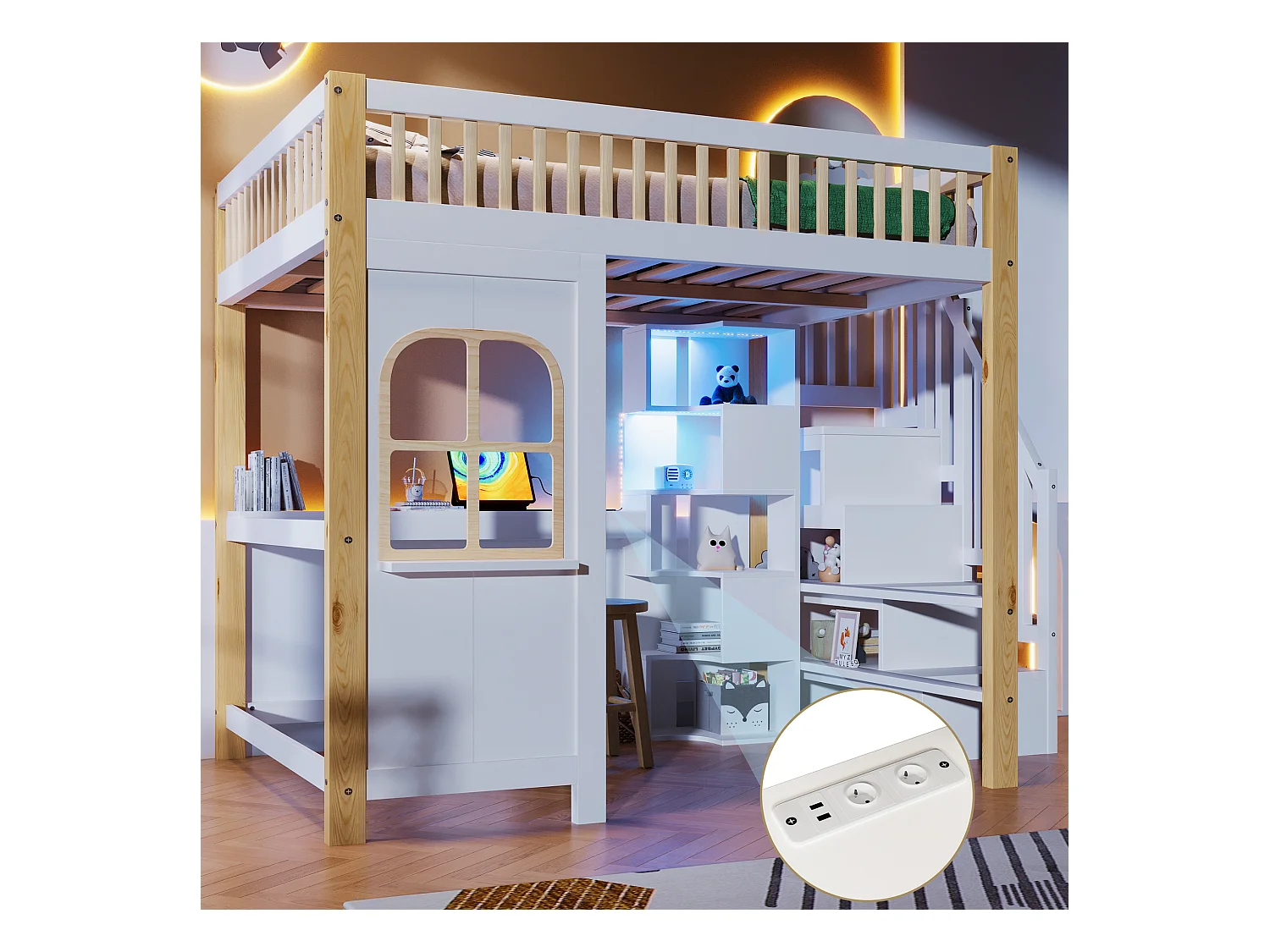 Lit mezzanine enfant - 140 x 200 cm - avec Leds + échelle de rangement + bureau + étagère - bois - blanc + naturel