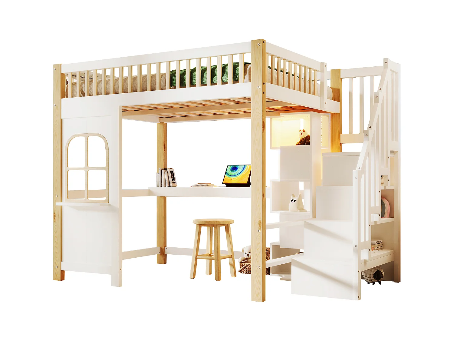 Lit mezzanine enfant - 140 x 200 cm - avec Leds + échelle de rangement + bureau + étagère - bois - blanc + naturel