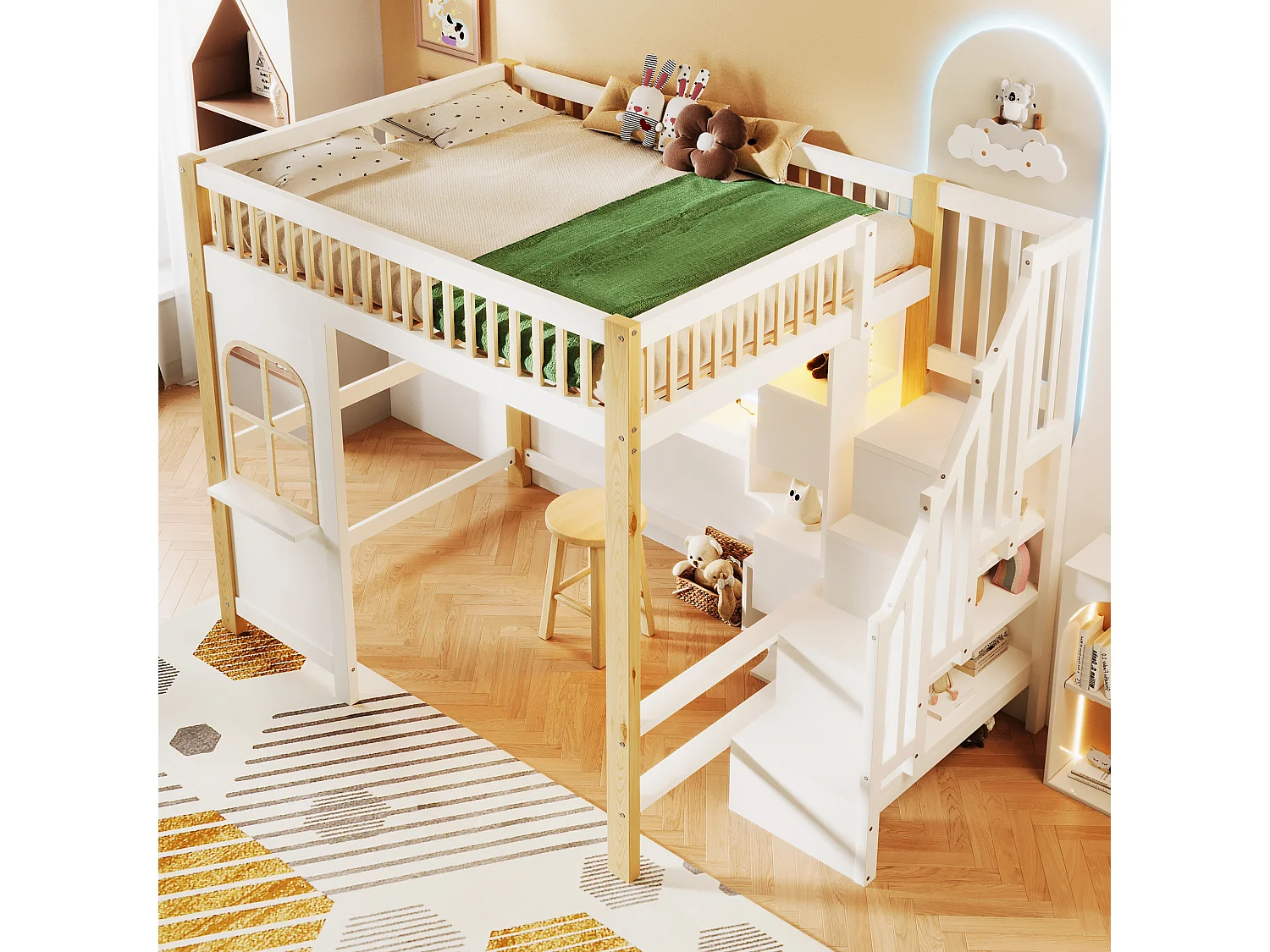 Lit mezzanine enfant - 140 x 200 cm - avec Leds + échelle de rangement + bureau + étagère - bois - blanc + naturel