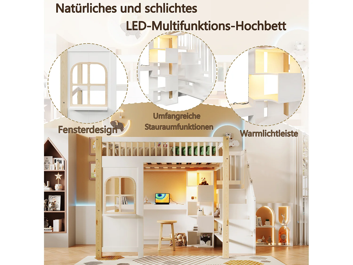 Lit mezzanine enfant - 140 x 200 cm - avec Leds + échelle de rangement + bureau + étagère - bois - blanc + naturel