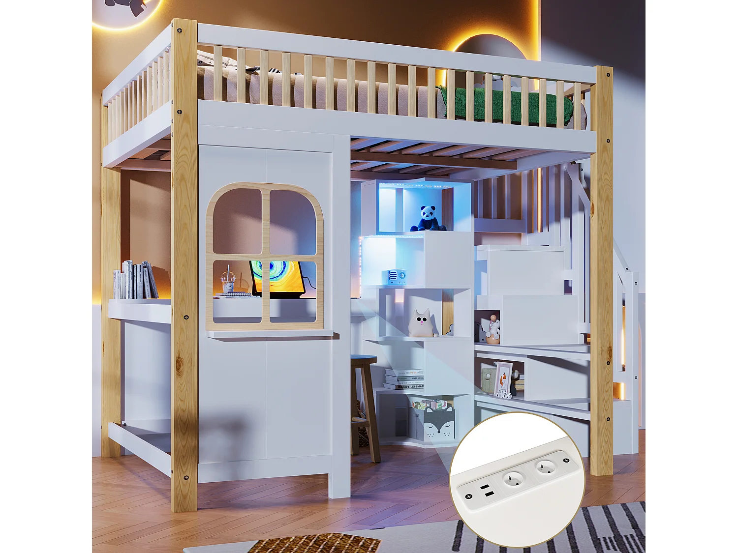 Lit mezzanine enfant - 140 x 200 cm - avec Leds + échelle de rangement + bureau + étagère - bois - blanc + naturel