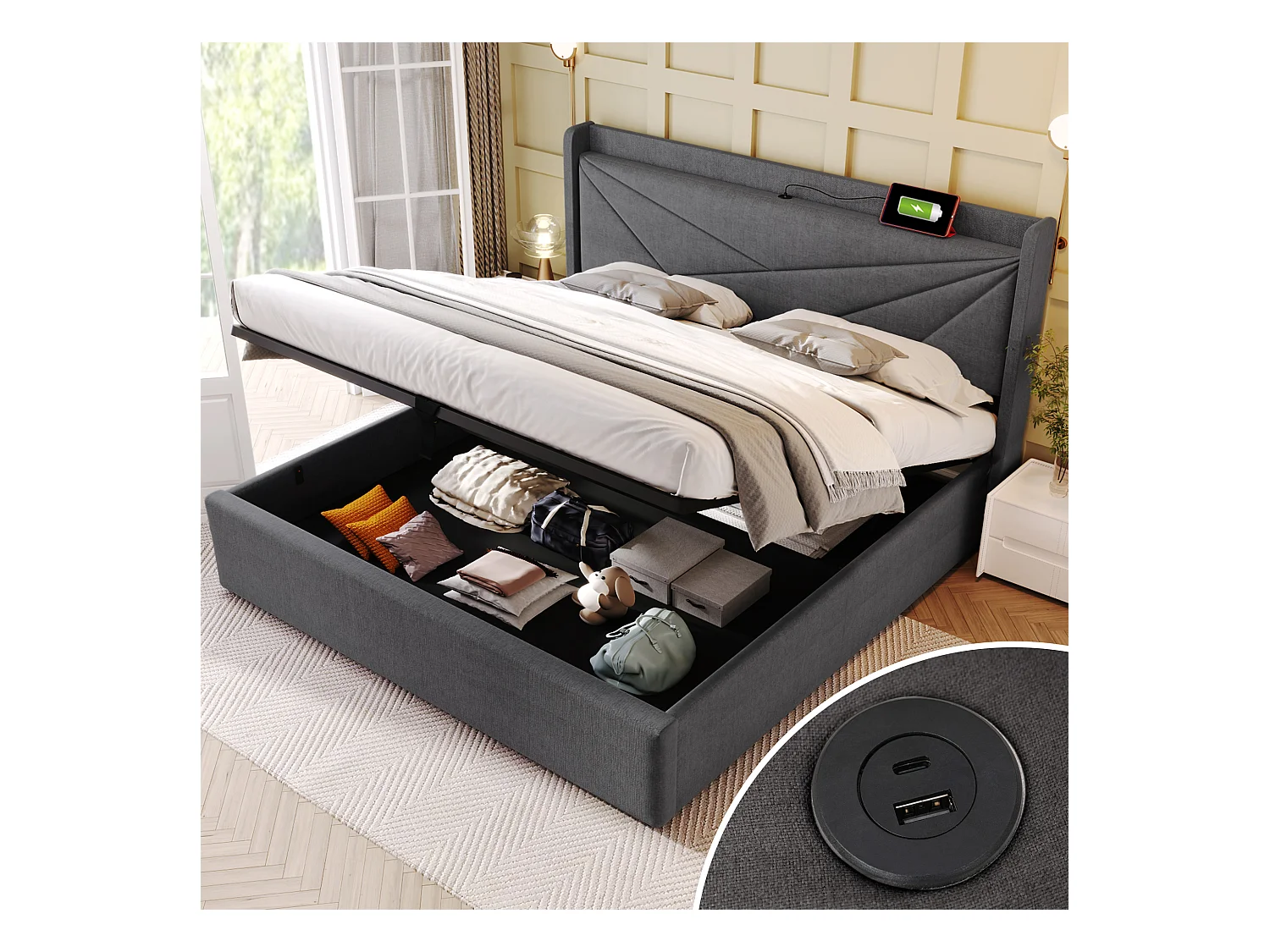 Lit double avec rangement et fonction de chargement USB Type-C, 160x200 cm, gris, tête de lit moderne