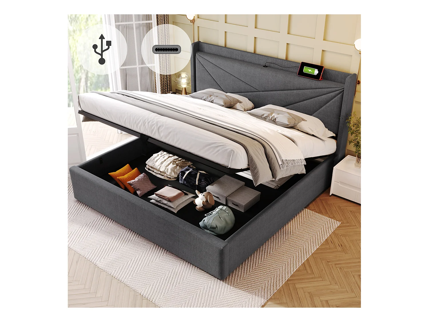 Lit double avec rangement et fonction de chargement USB Type-C, 160x200 cm, gris, tête de lit moderne